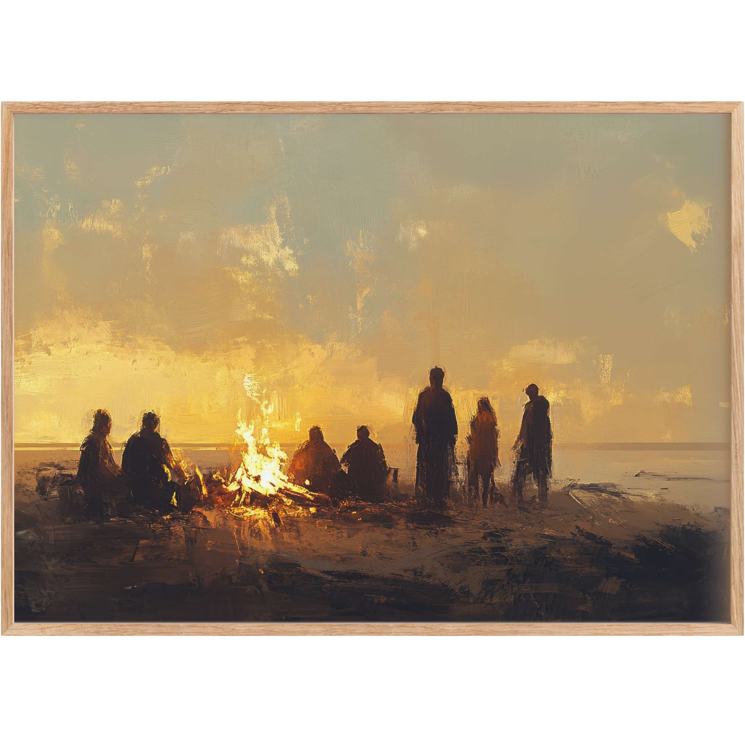 Warm, evocative beach printable wall art capturing a serene bonfire gathering at dusk, with radiant amber and soft gray hues