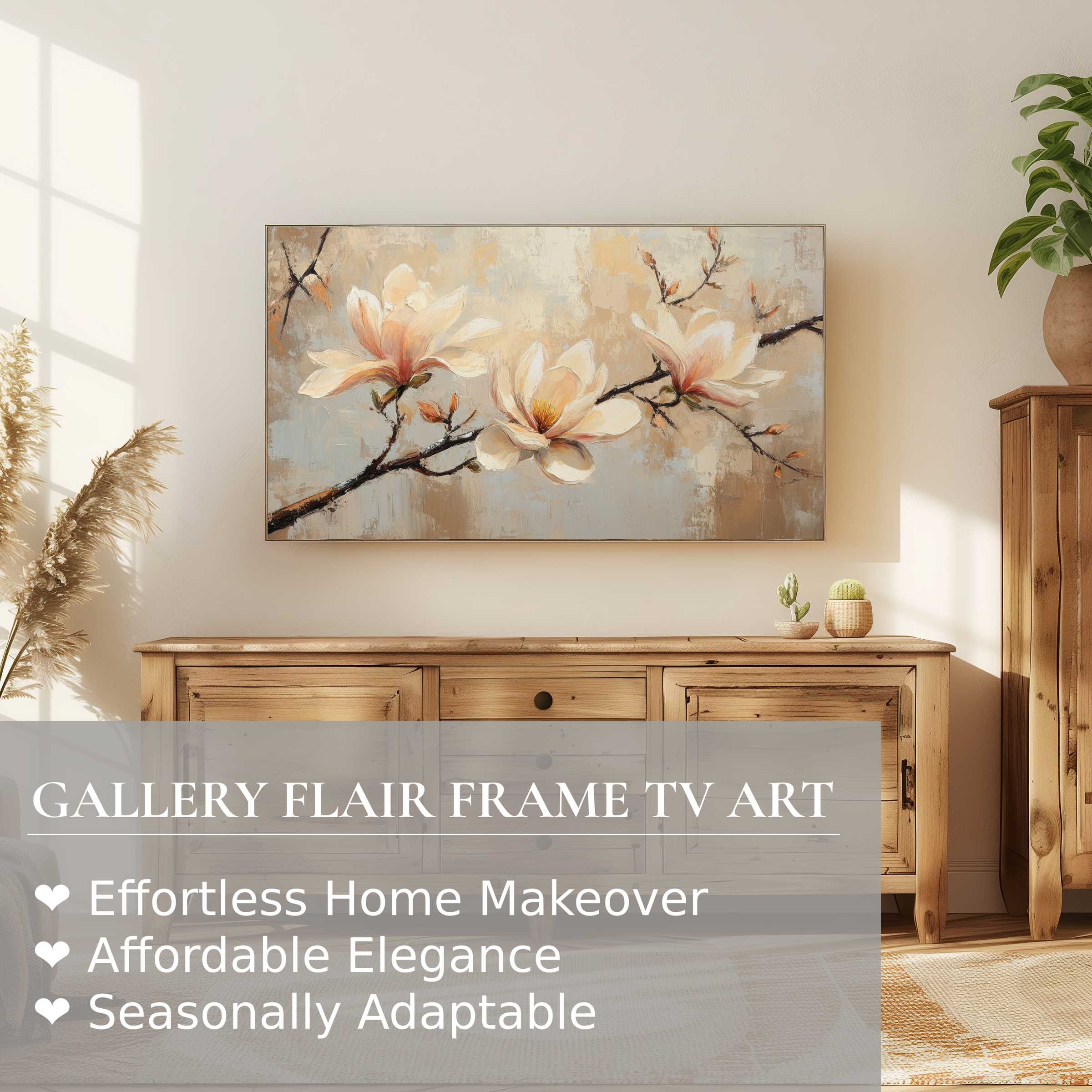 Samsung Frame TV displaying botanical digital artwork of magnolia blossoms in warm, serene tones, perfect for elegant decor