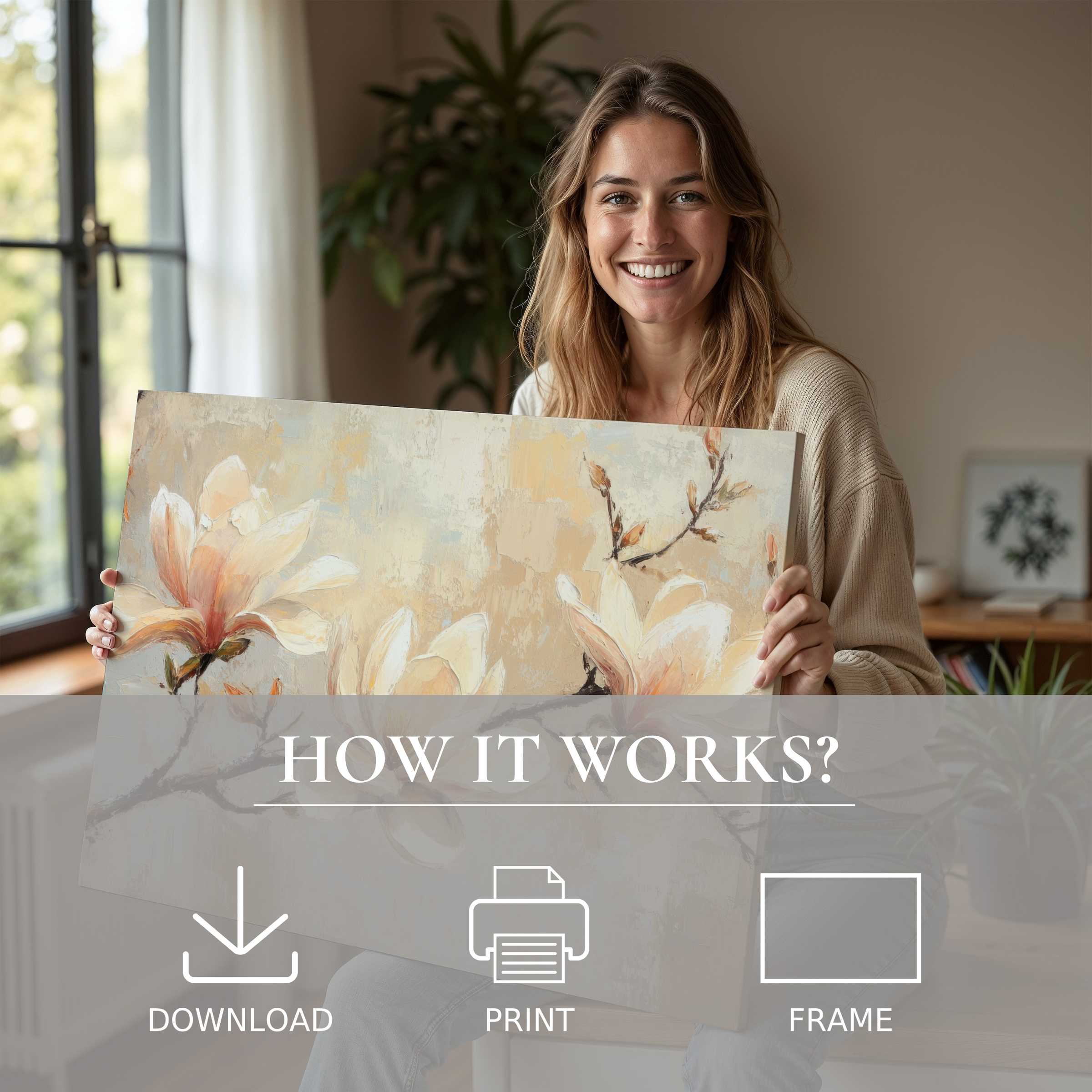 Elegant botanical digital art print in soft tones inspires a serene joy, effortlessly enhancing modern living spaces
