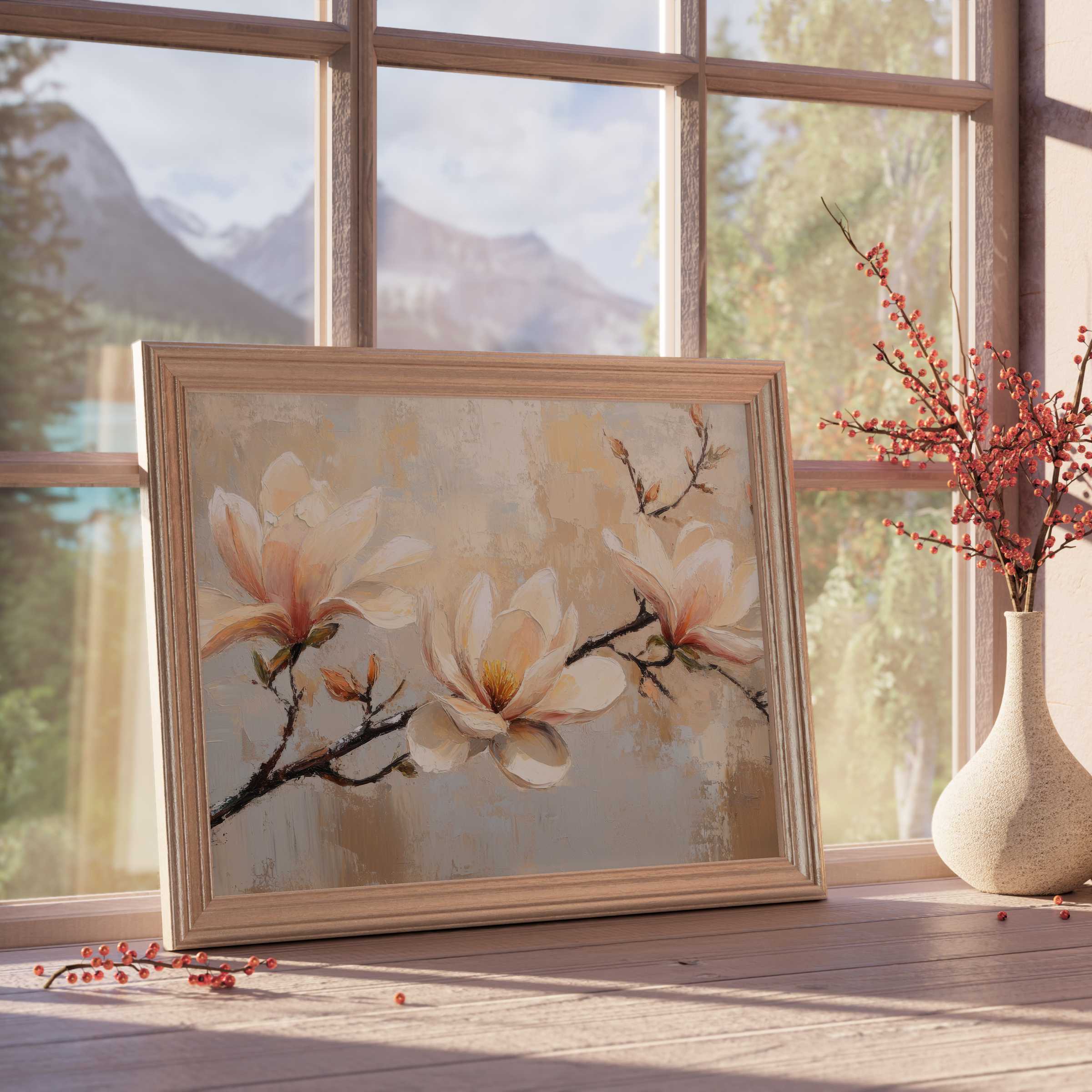 Botanical downloadable art featuring delicate magnolia blossoms in soft neutrals, perfect for serene, curated interiors