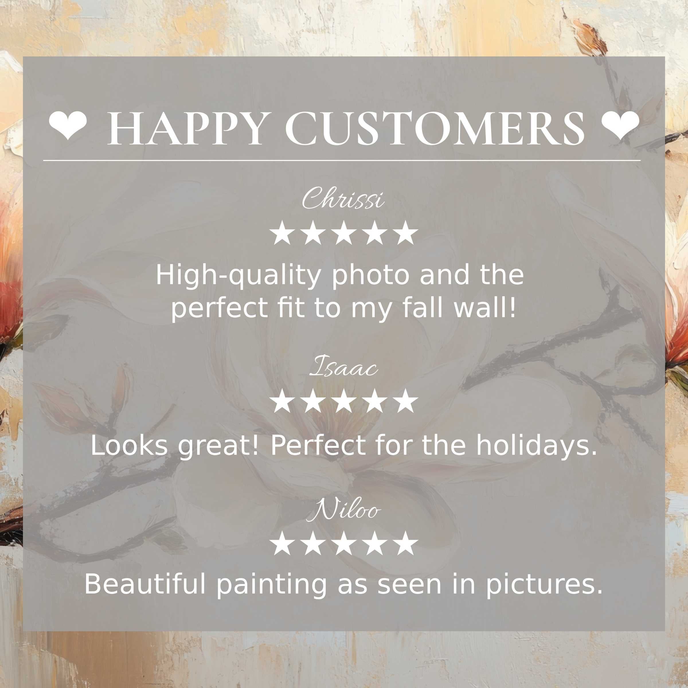 Botanical art for Frame TV with abstract sunset colors; layout showcases elegant style and happy customer reviews