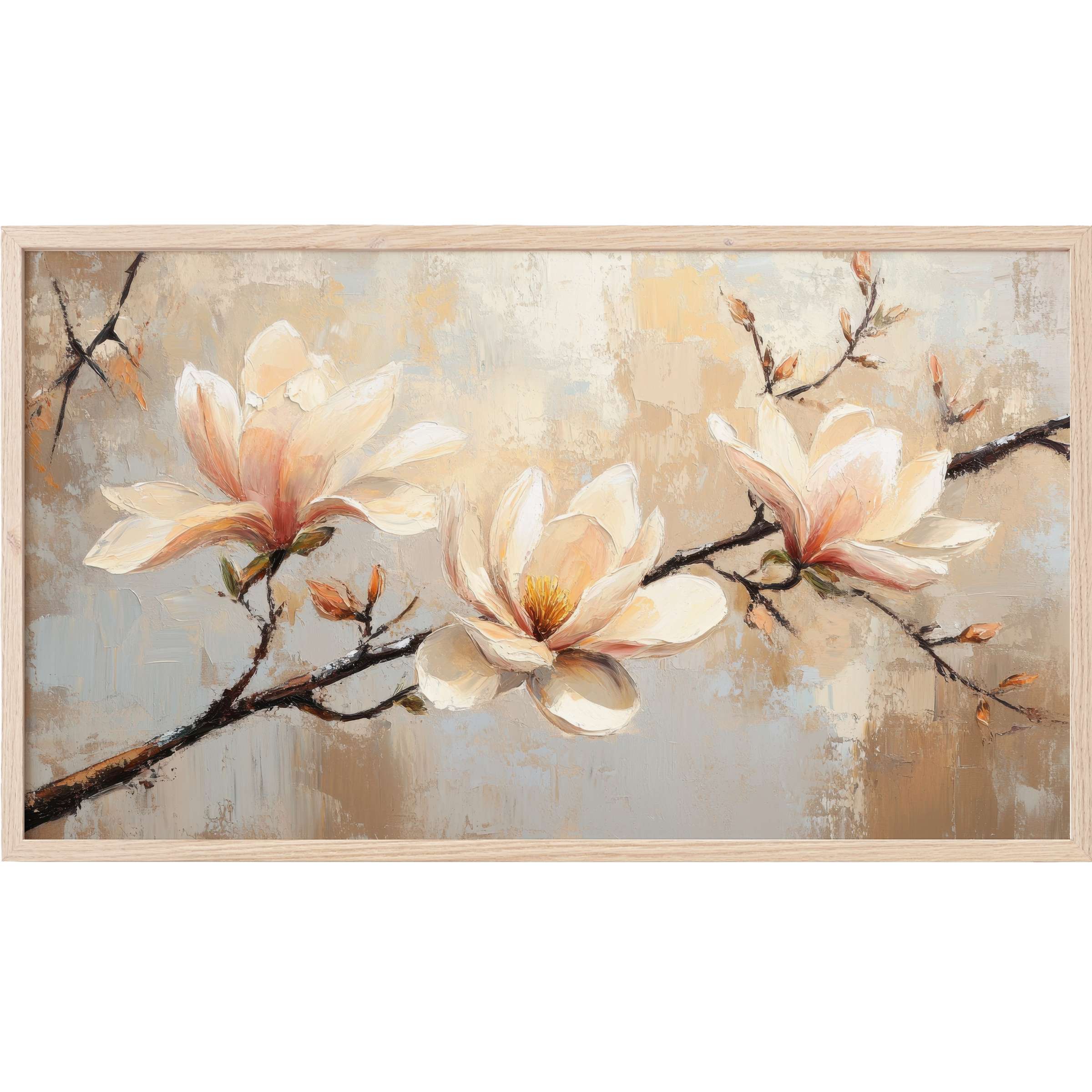Soft peach and cream blossoms on textured beige background, a refined botanical Frame TV Art for stylish interiors