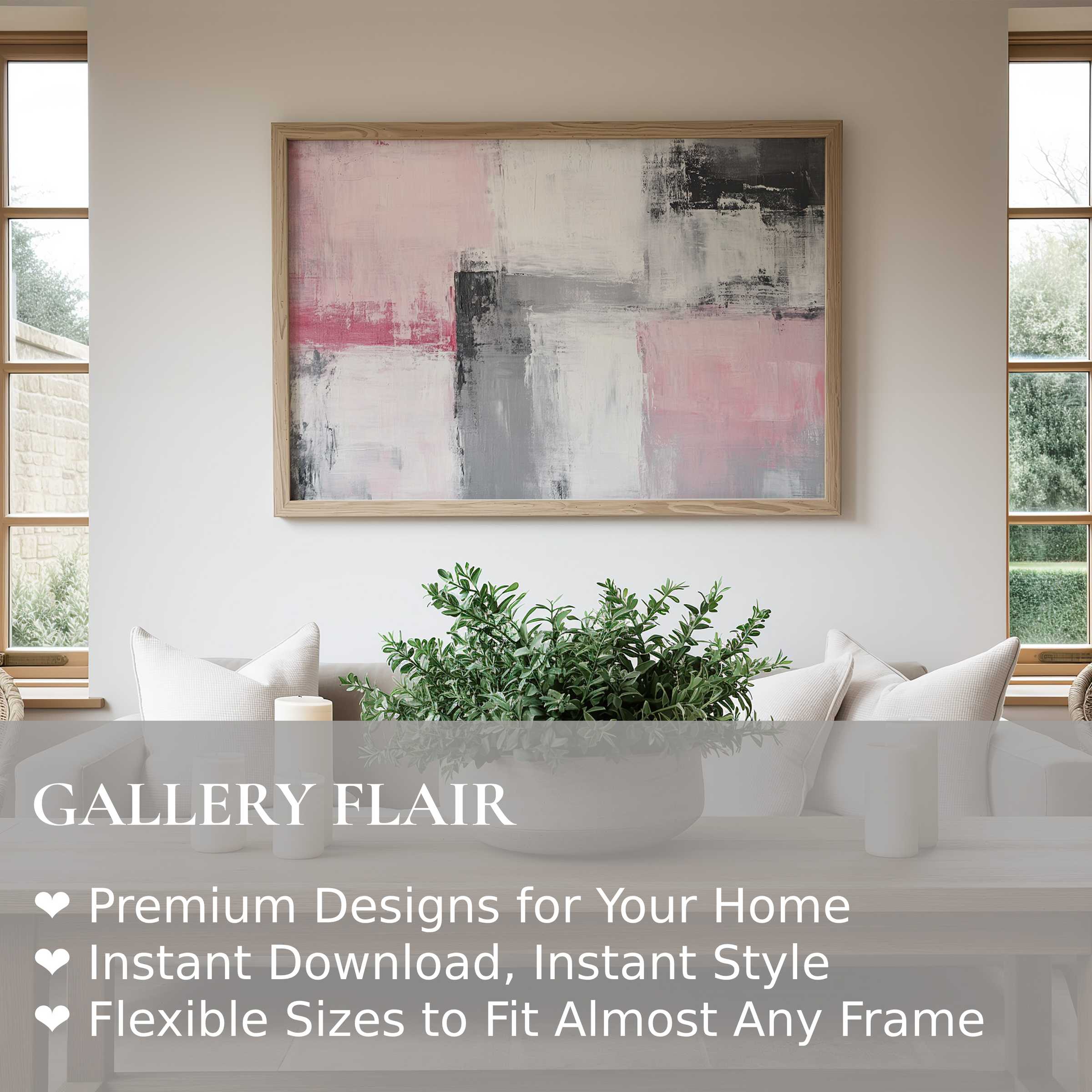 Abstract wall art print with soft pink, gray, and black tones radiates calm sophistication in a modern minimalist living space