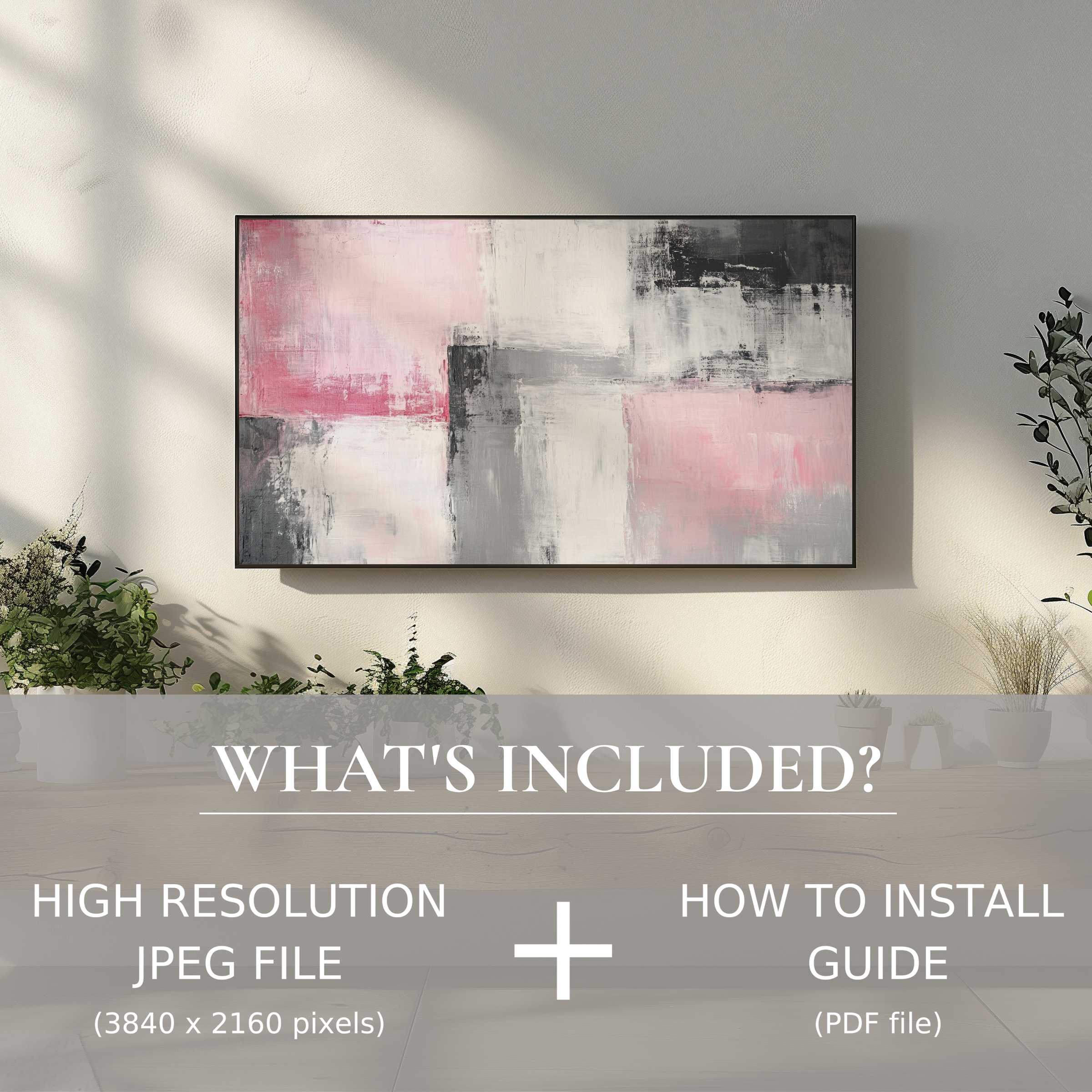 Elegant abstract digital TV art download enhances modern living spaces with easy digital use and soft pink, gray hues