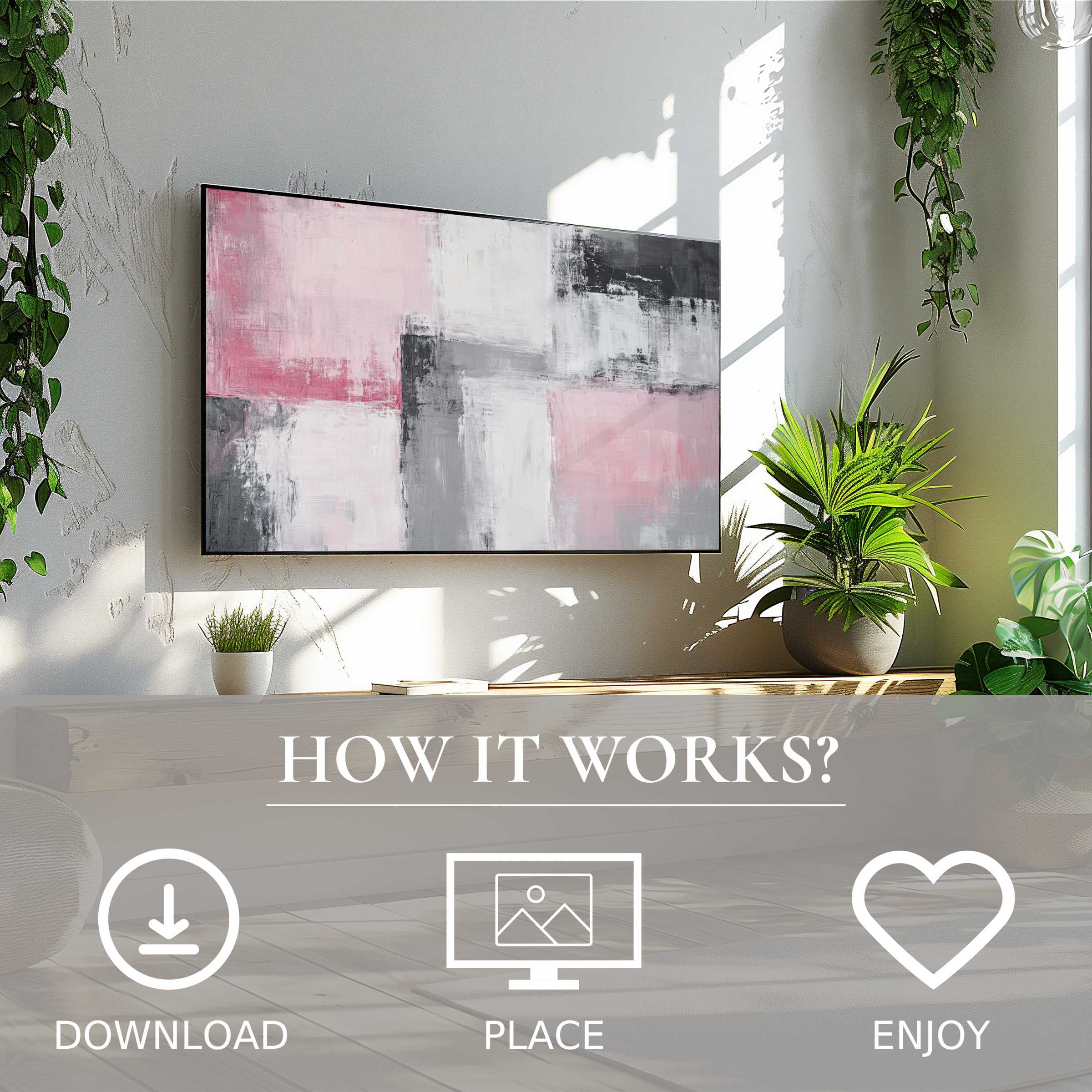 Abstract art for Samsung TV shows soft pink and gray blocks, easily downloaded to enrich modern living spaces