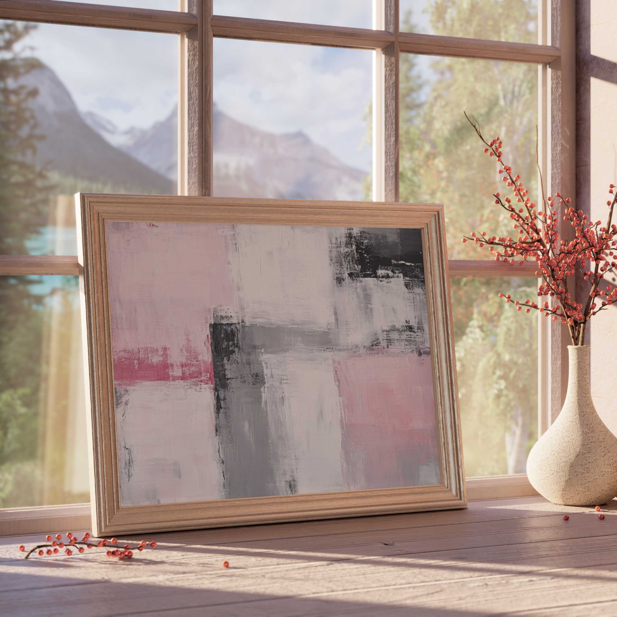 Abstract downloadable art in soft pink and gray hues, framed elegantly to elevate serene, curated interiors with subtle depth