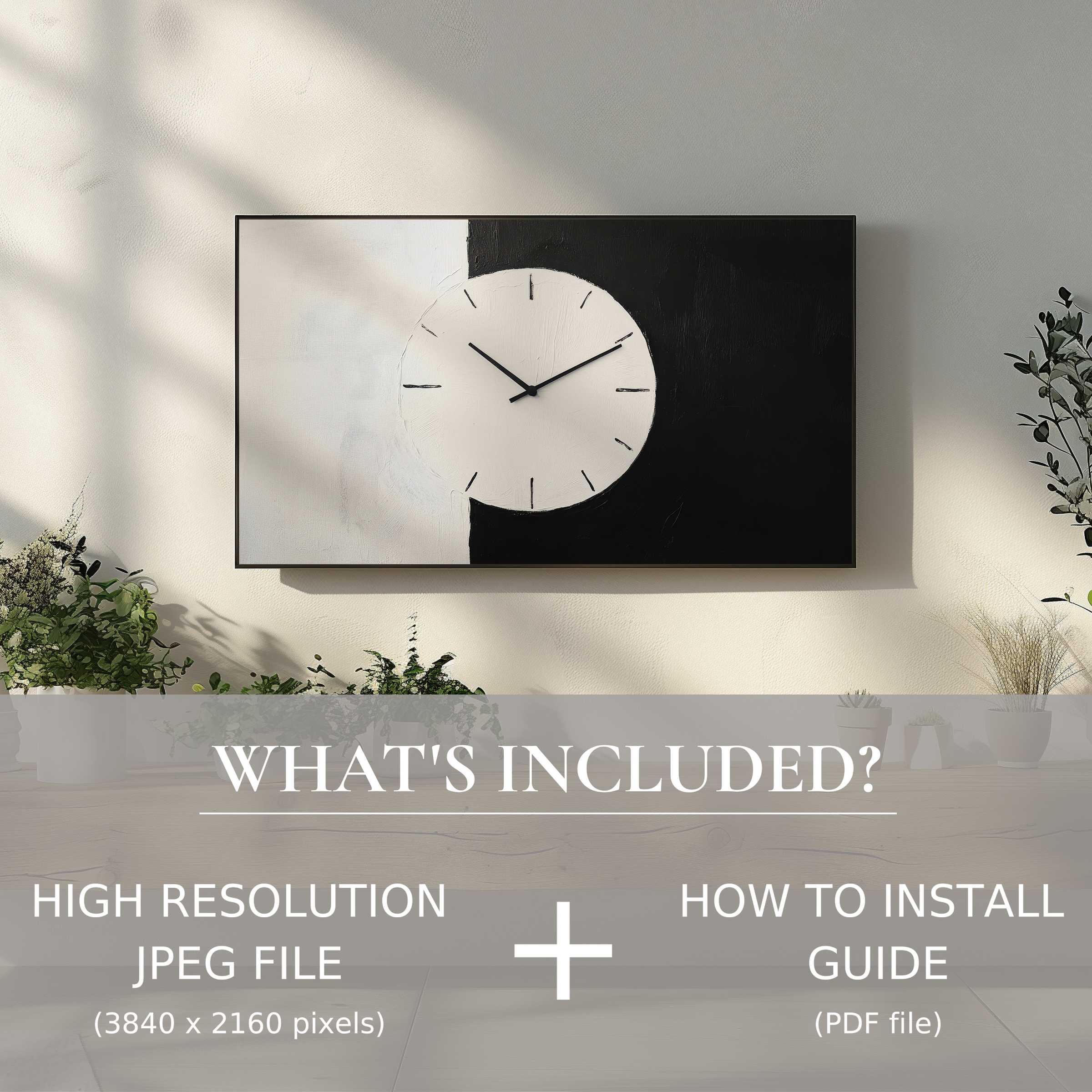 Elegant black and white digital TV art download, effortlessly elevating modern living spaces with stylish digital ease