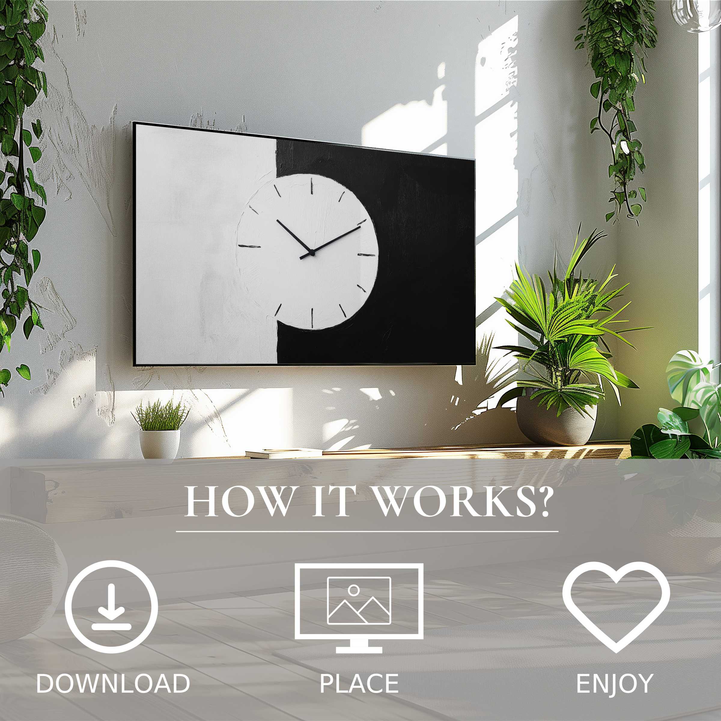Black and white art for Samsung TV in bright room, abstract clock motif, easy digital download enriches space
