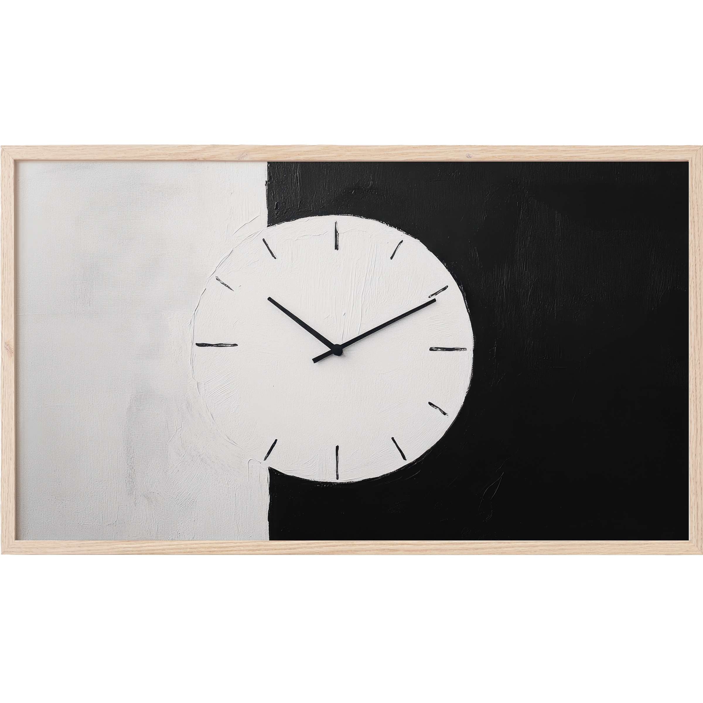 Minimalist black and white Frame TV Art featuring a textured split design with sleek clock hands for modern decor