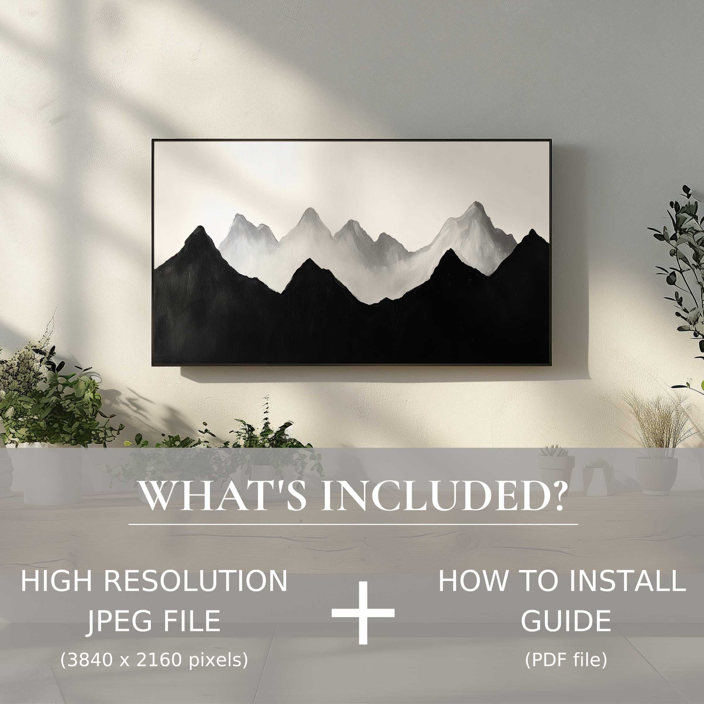 Modern digital TV art download in serene monochrome mountains enhances your space with effortless, stylish digital elegance