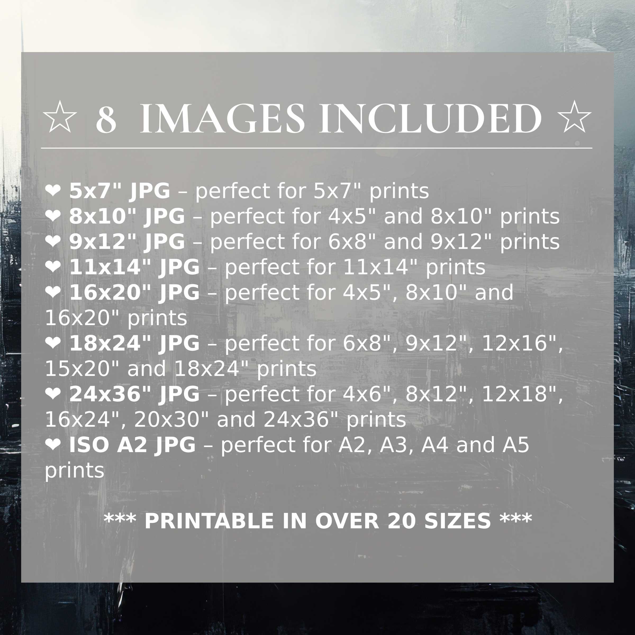 Urban digital print with moody greys and soft blues, radiating bold sophistication; includes 8 high-res sizes for versatile modern interiors