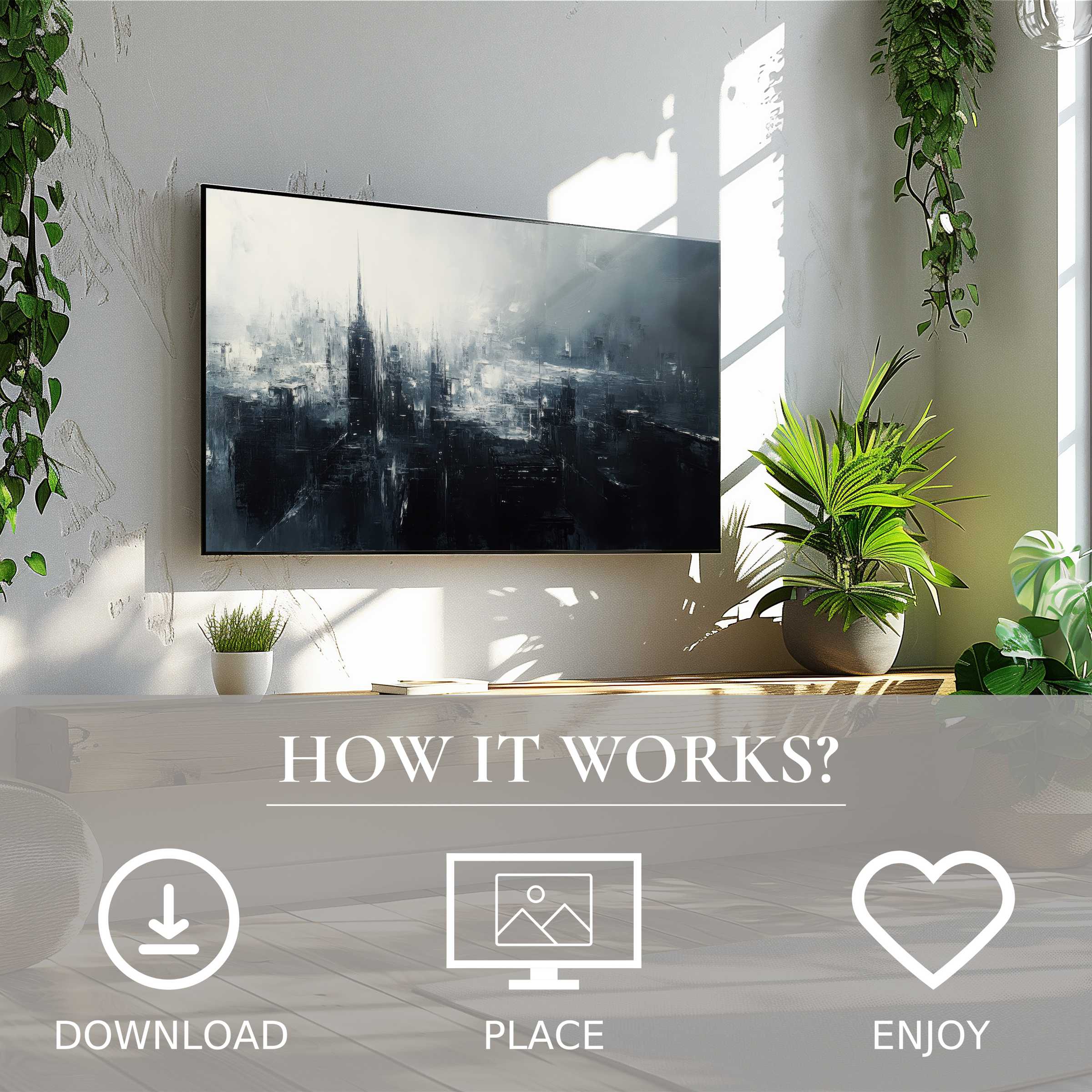 Modern living room with urban art for Samsung TV, digital download shows moody cityscape enriching your space