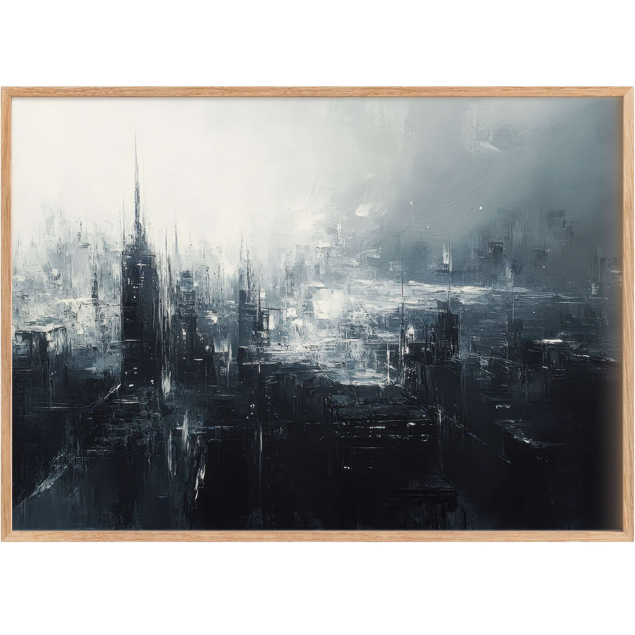 Moody urban printable wall art capturing a misty cityscape in deep blues and grays, evoking serene sophistication and modern elegance