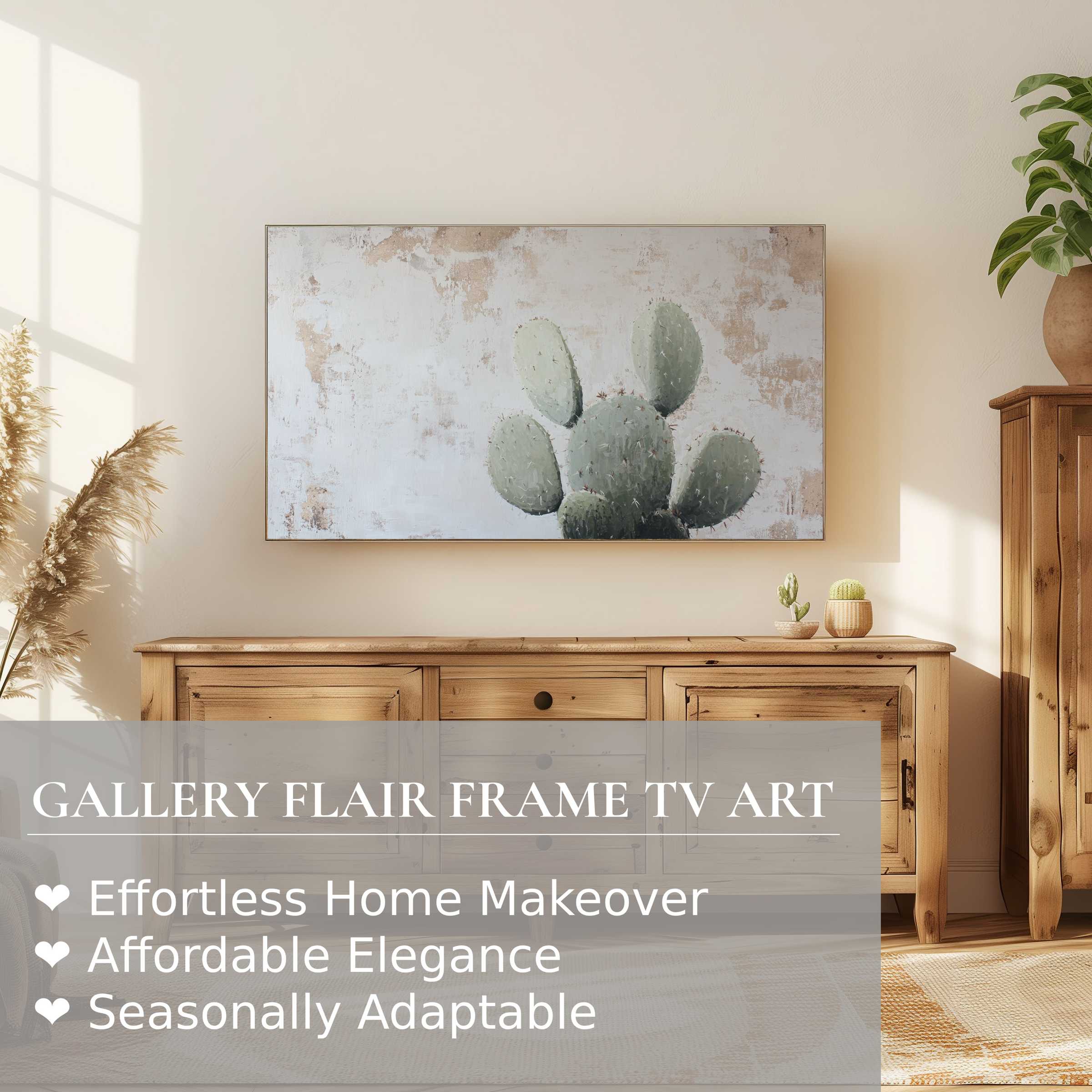 Samsung Frame TV displaying neutral digital artwork of a minimalist cactus in a serene, sunlit modern room