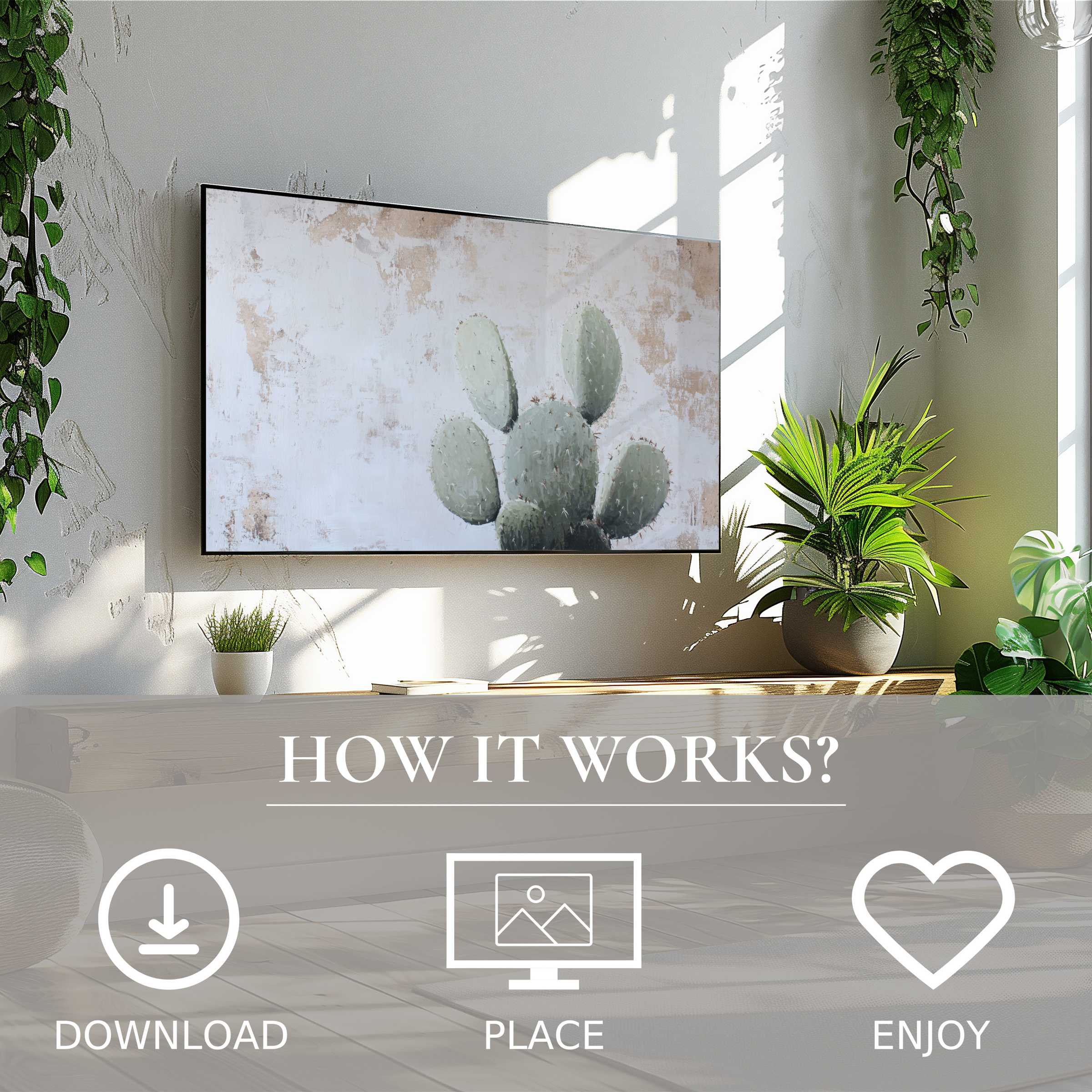 Neutral art for Samsung TV shows soft green cactus motif, easy digital download, enhances bright modern living spaces