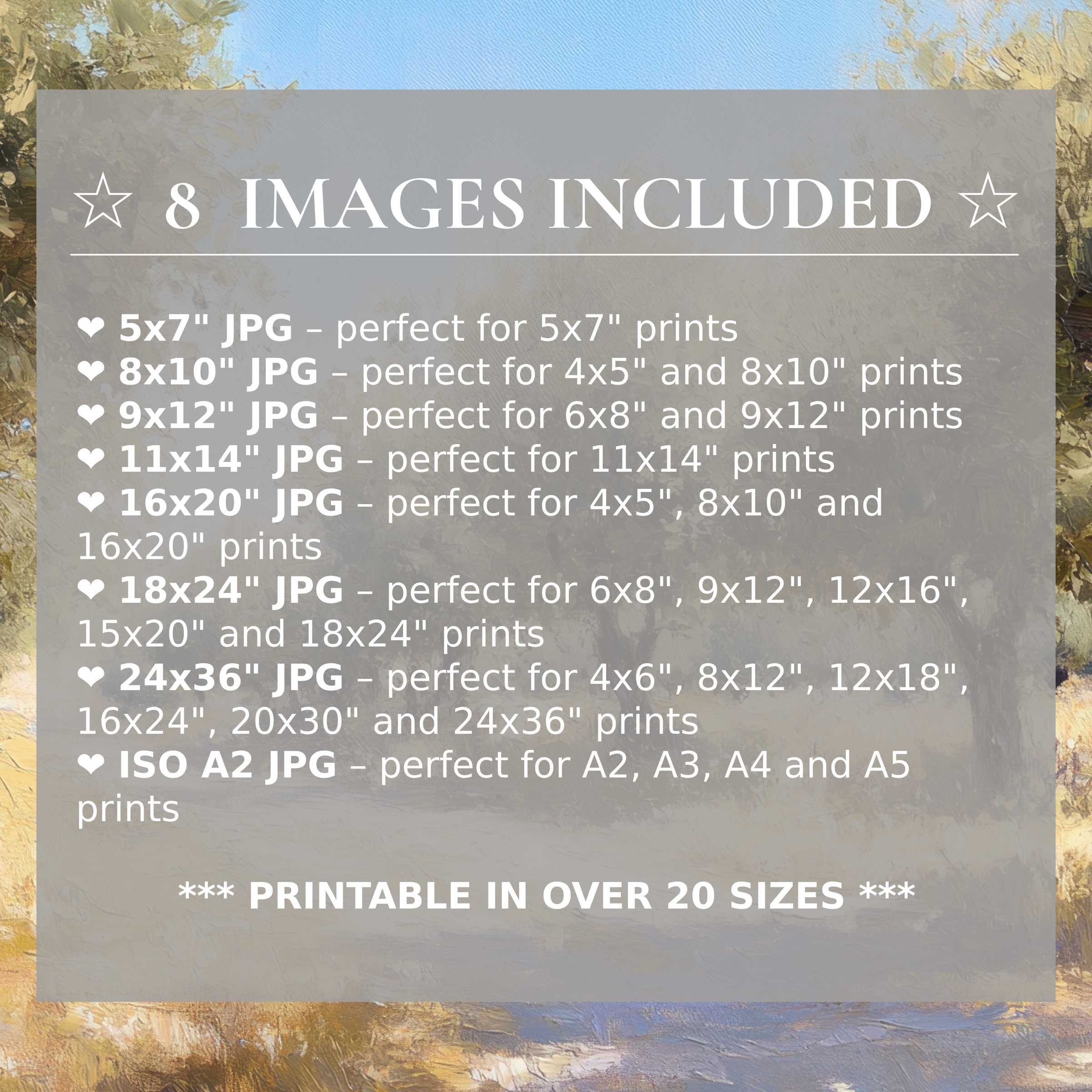 Print size guide showing 8 included JPG formats for versatile wall art printing – perfect for framing in popular sizes from 5x7 to 24x36 and A2