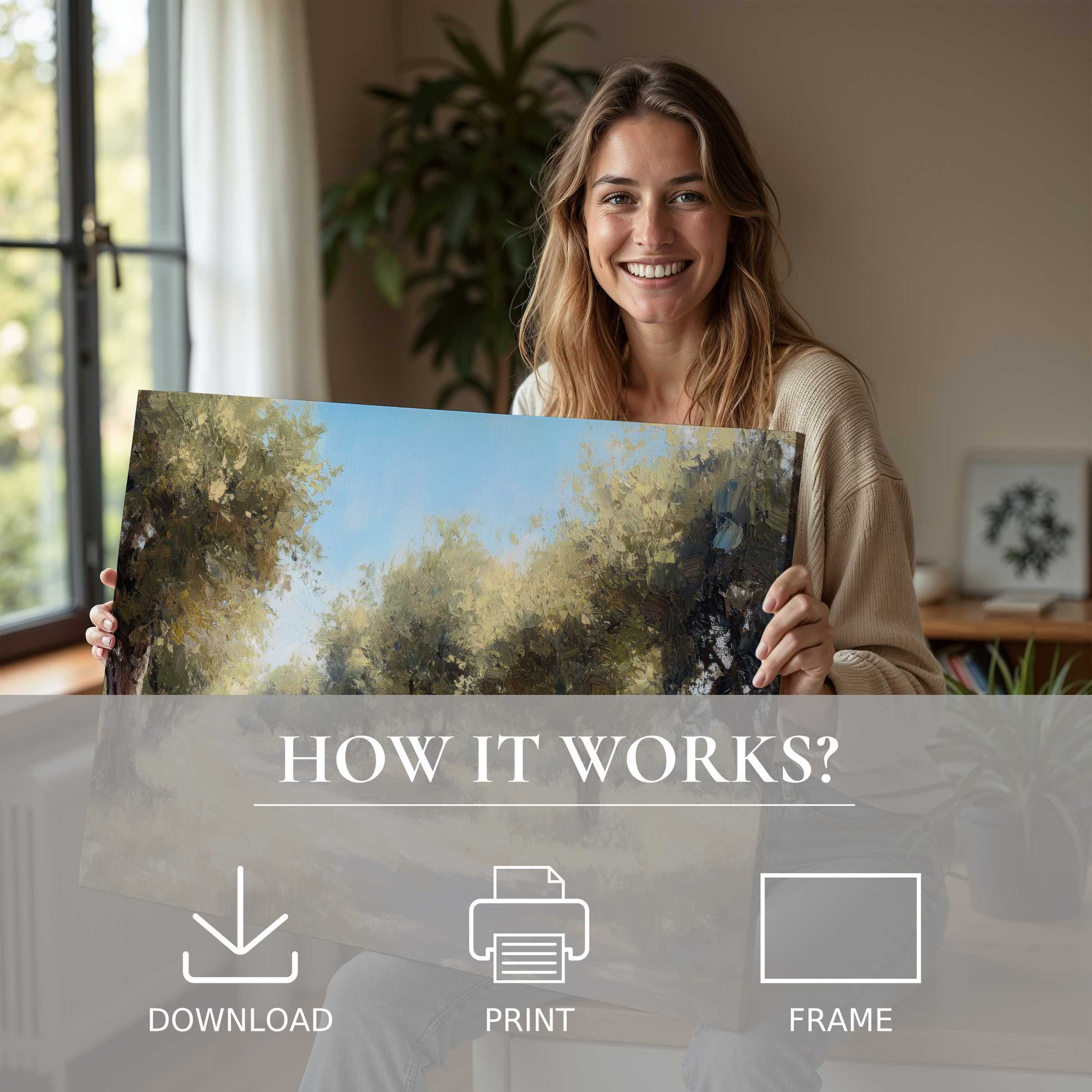 A joyful moment in a stylish home reveals the calming embrace of a tree digital art print, inviting serenity and effortless elegance