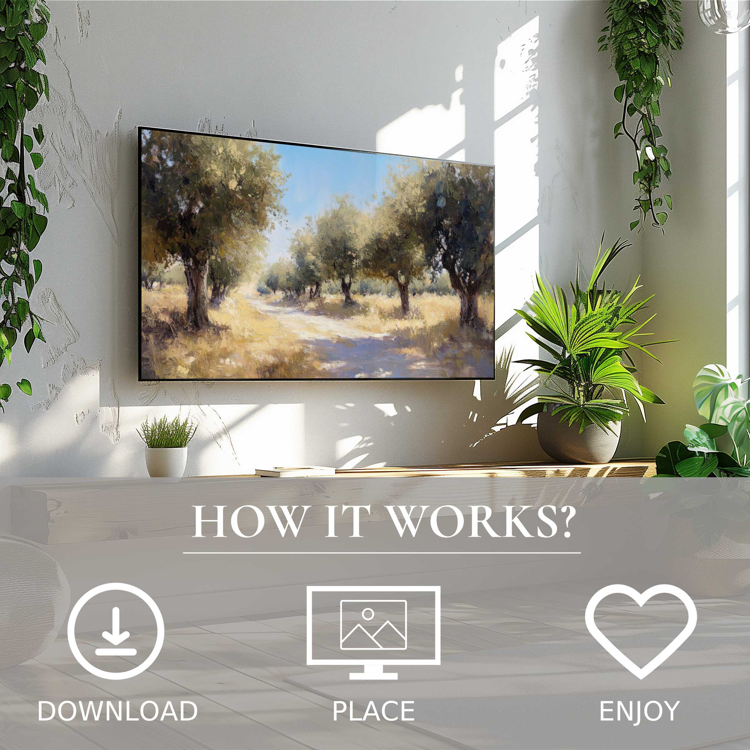 Tree art for Samsung TV showing soft sunset tones on The Frame, simple digital download enriches stylish living spaces