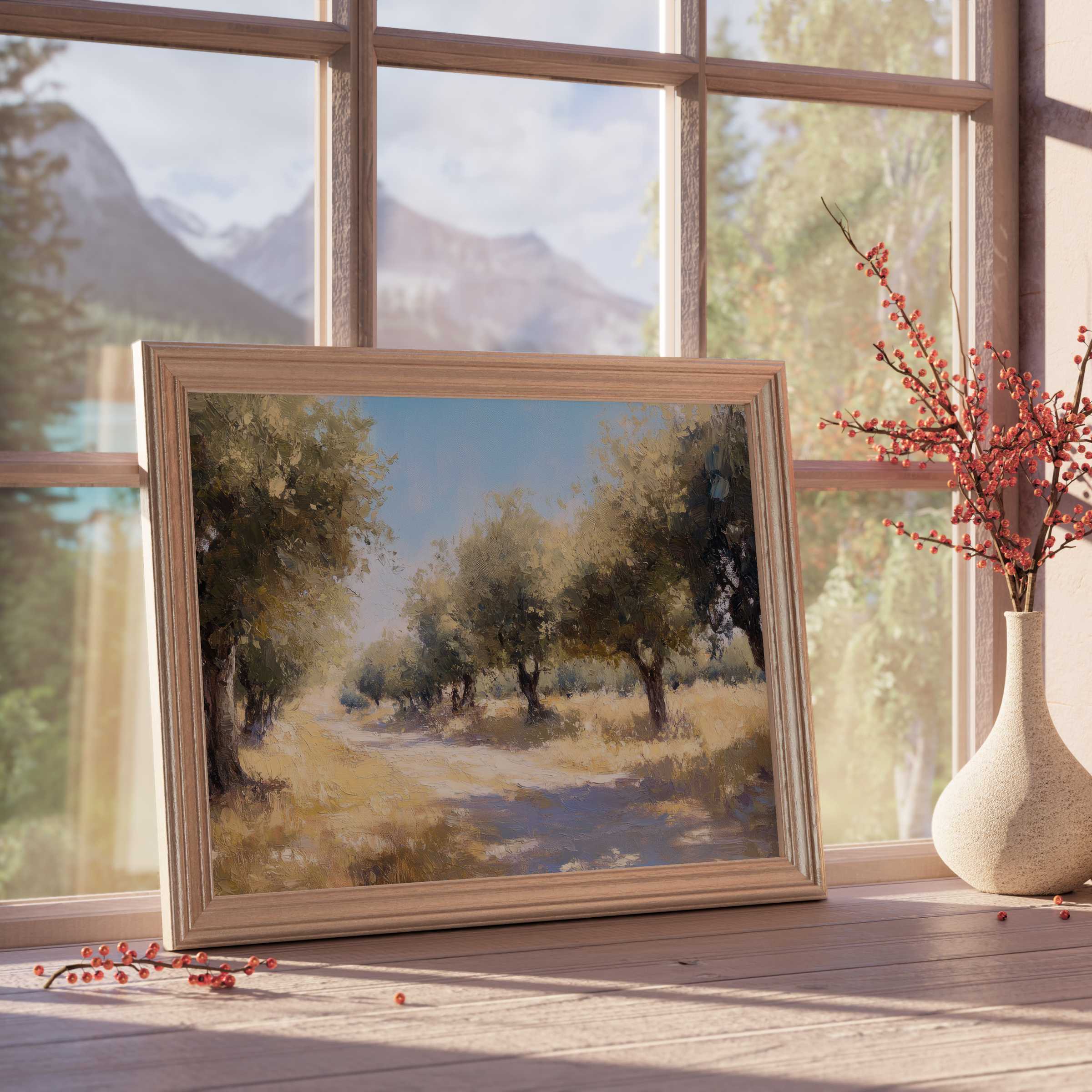 Sunlit tree downloadable art depicting a tranquil orchard pathway, enhancing curated, serene living spaces with natural elegance