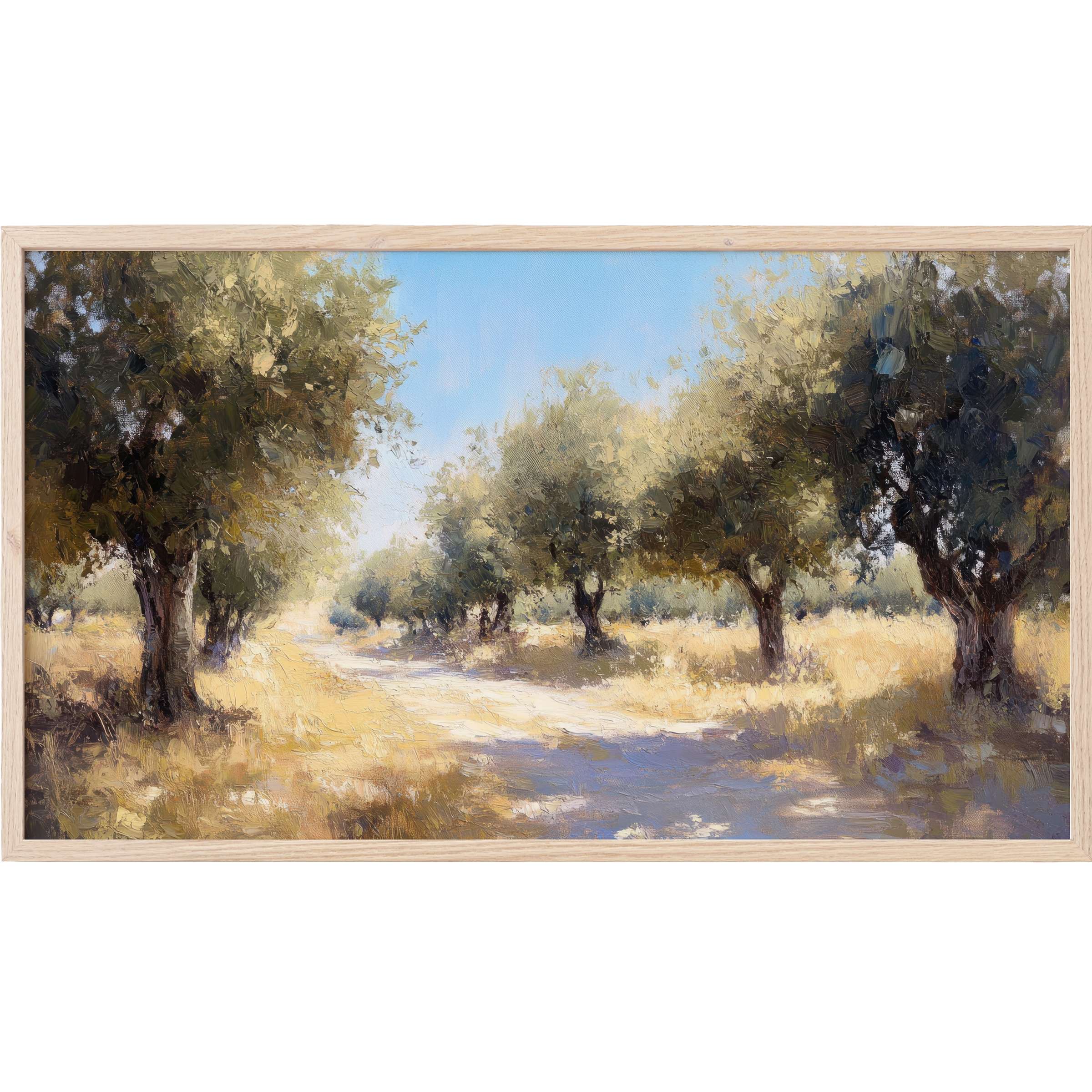 Sunlit olive grove with soft green and golden hues, captured in textured brushstrokes, tree Frame TV Art