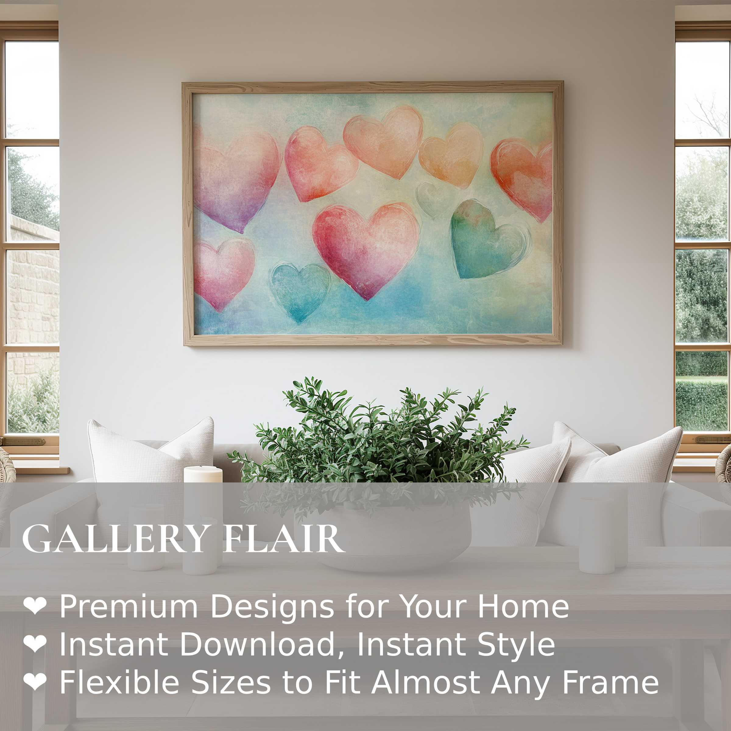 Soft pastel hearts float on a serene blue-green backdrop, creating a calming nursery wall art print that enhances modern, minimalist interiors with warmth and joy