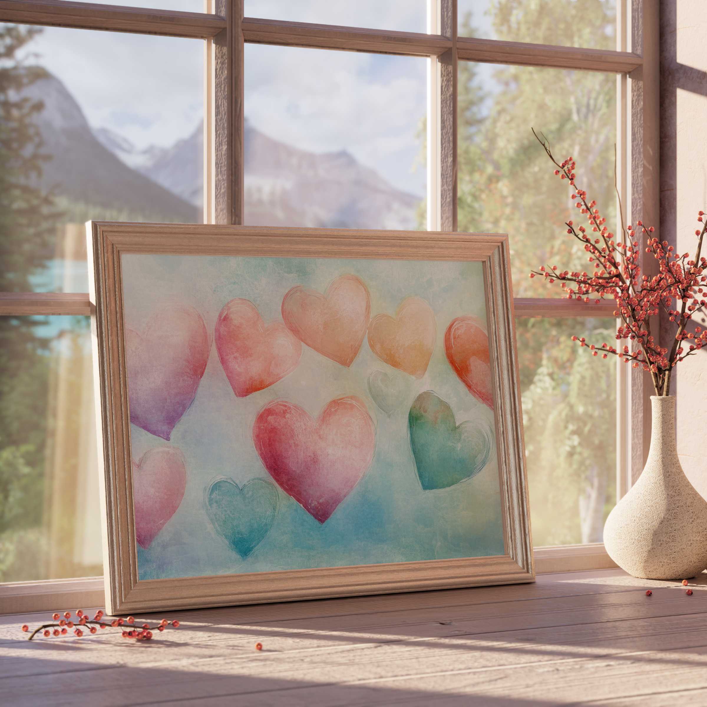 Nursery downloadable art featuring soft pastel hearts in a warm wooden frame, enhancing serene, stylish interiors with gentle charm