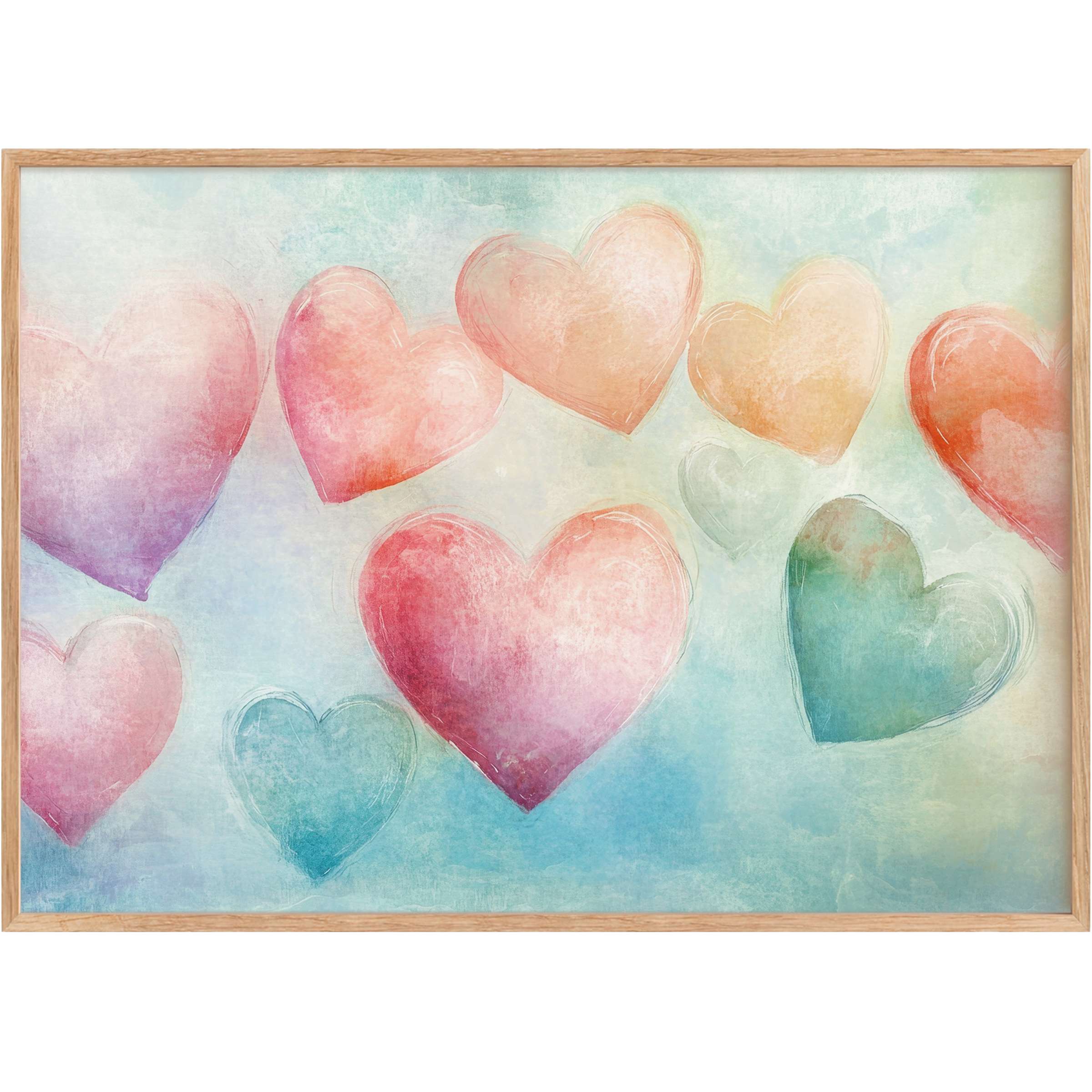 Softly blended pastel hearts in coral, teal, and lavender create a serene, loving mood in this nursery printable wall art