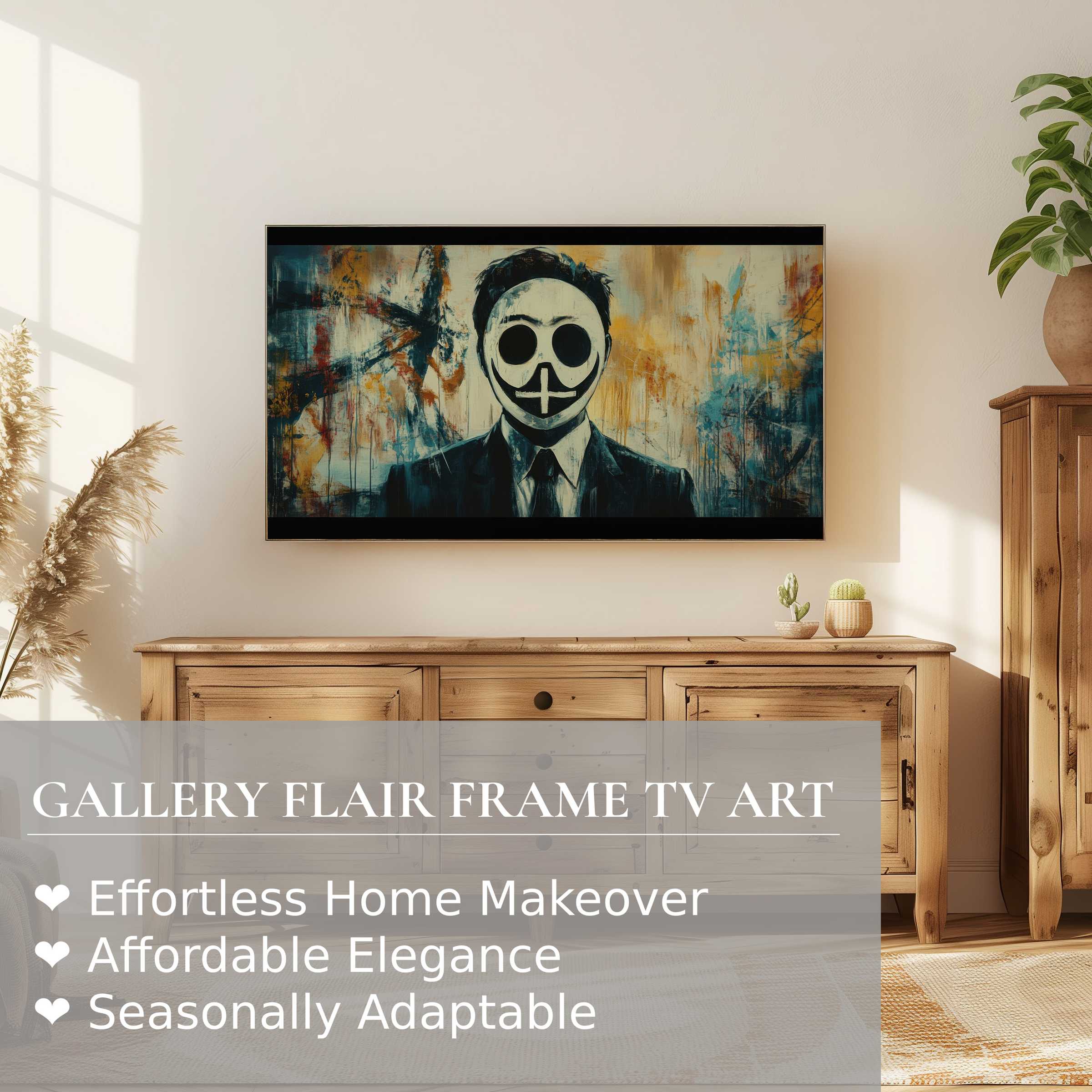 Samsung Frame TV displays street art digital artwork in a modern, sunlit living room with refined natural wood accents