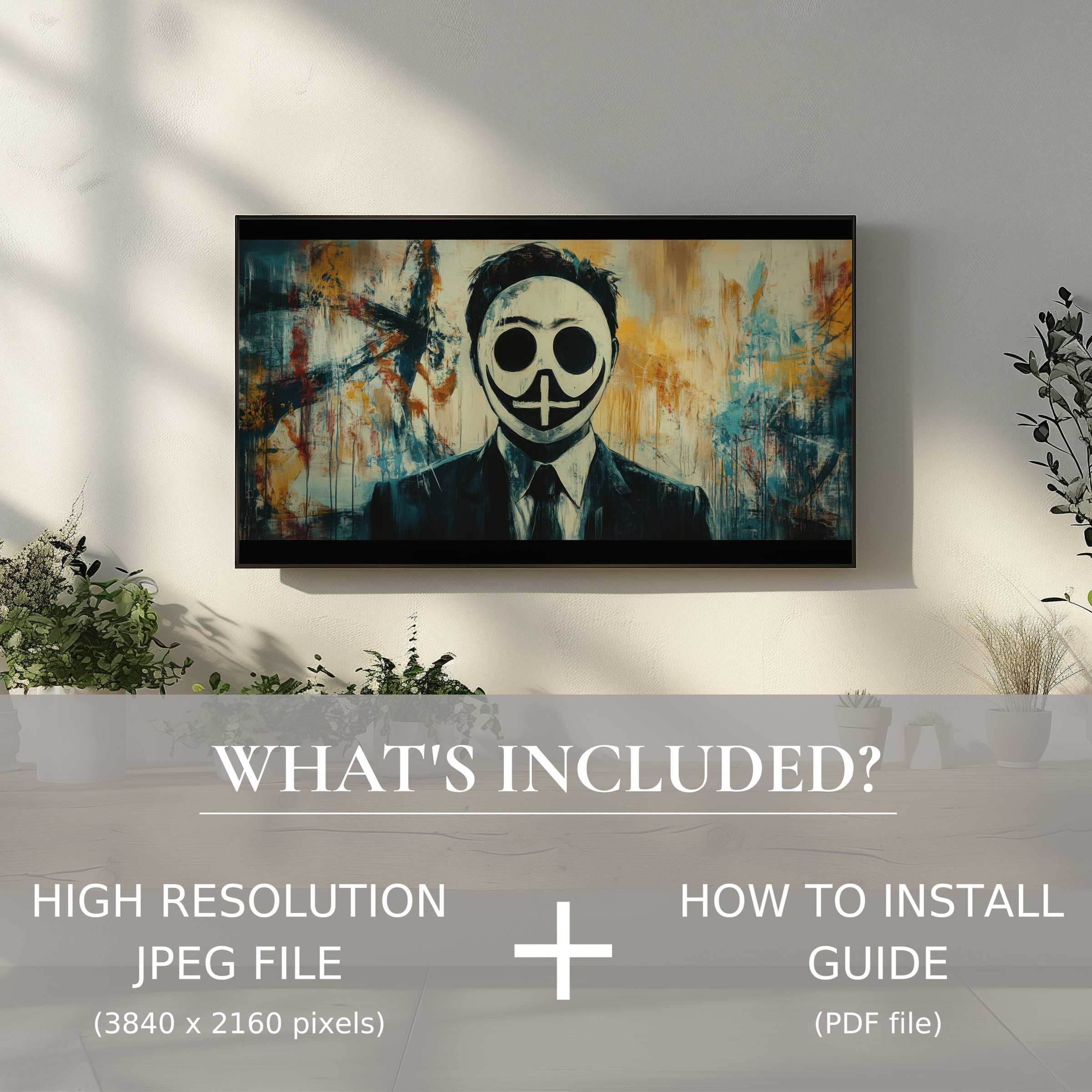 Stylish living room with street art digital TV art download, easy digital use elevates your modern home ambiance