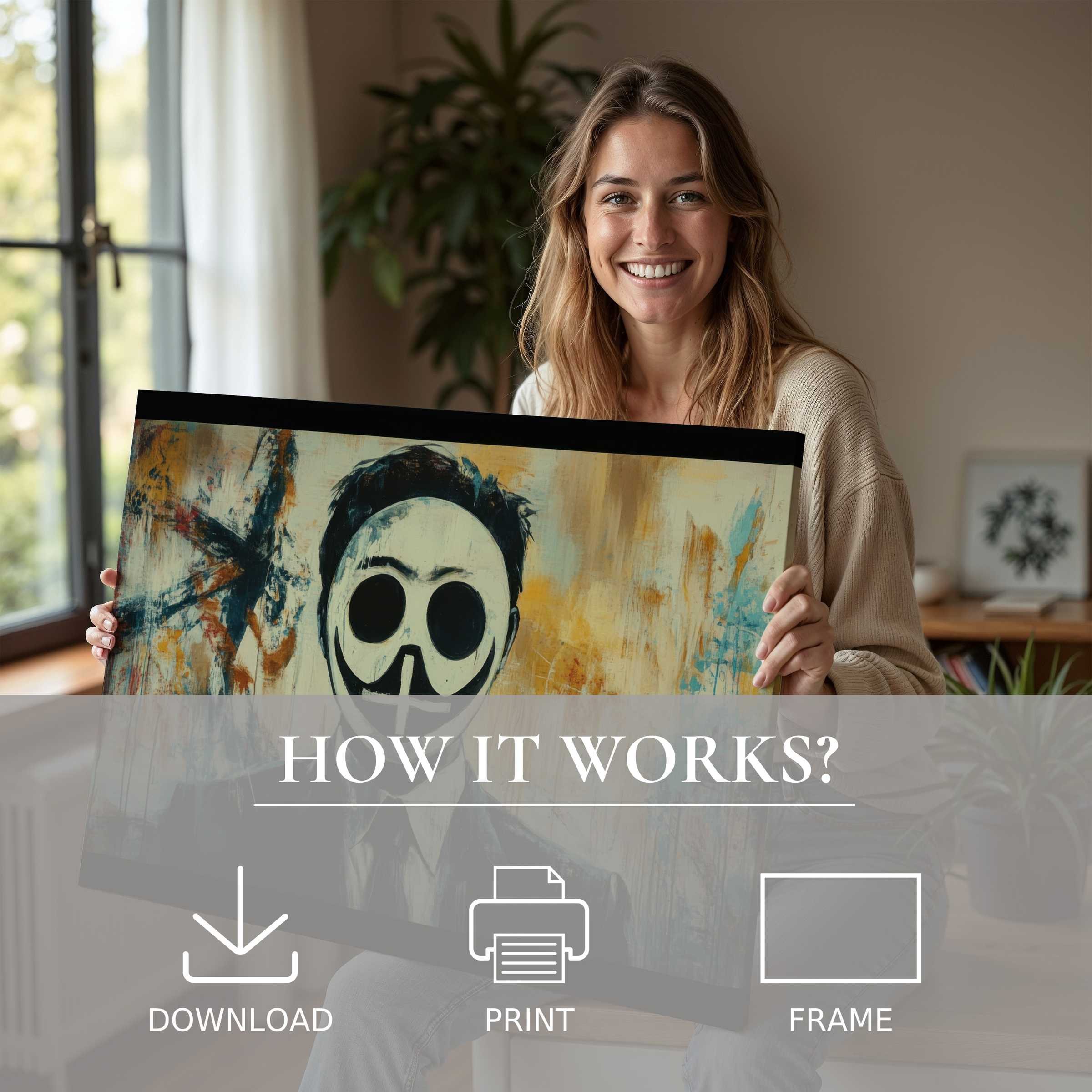 A woman’s blissful connection to street art digital art print in a chic, sunlit home, where seamless download, print, and frame transform spaces