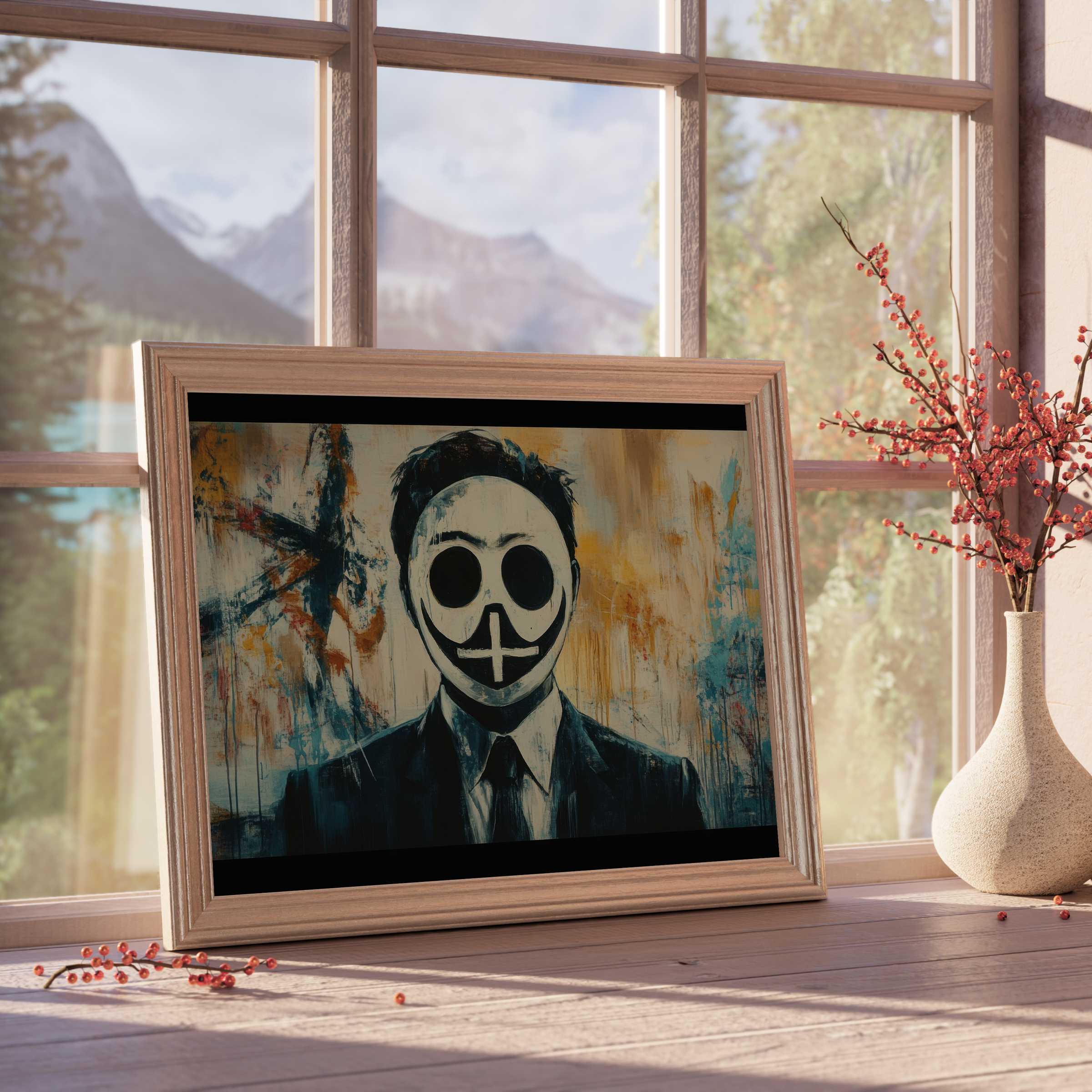 Edgy street art downloadable art featuring a masked figure in a suit, evoking bold, thought-provoking vibes for curated modern interiors