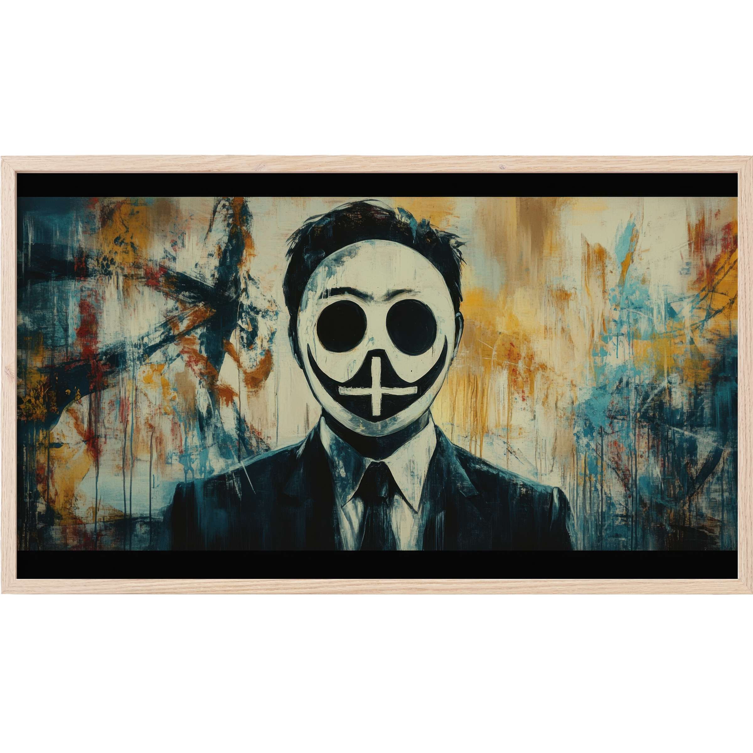 Abstract street art Frame TV Art featuring a suited figure with a mask against moody teal, ochre, and rust tones