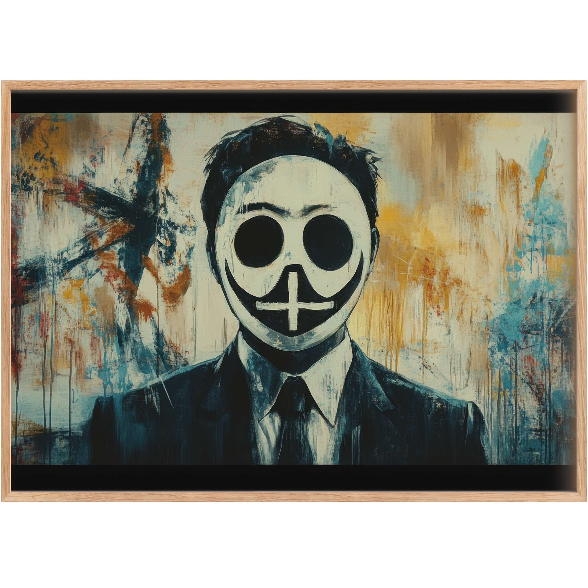 Bold street art printable wall art featuring a masked figure in dark hues with moody blues and warm amber tones, evoking intrigue and sophistication