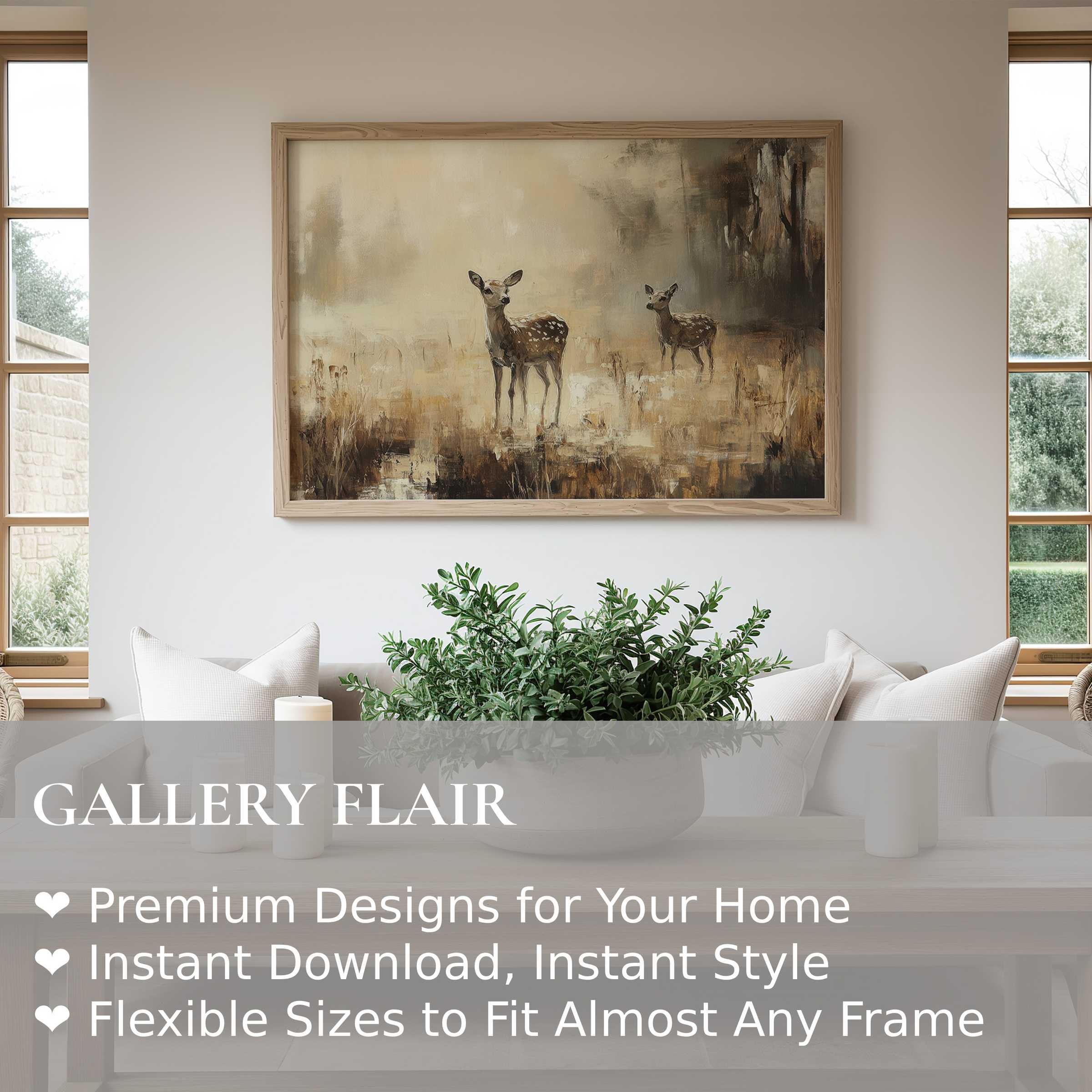 Vintage wall art print of serene deer in muted earth tones, enhancing modern rustic interiors with calming, nature-inspired elegance and warmth