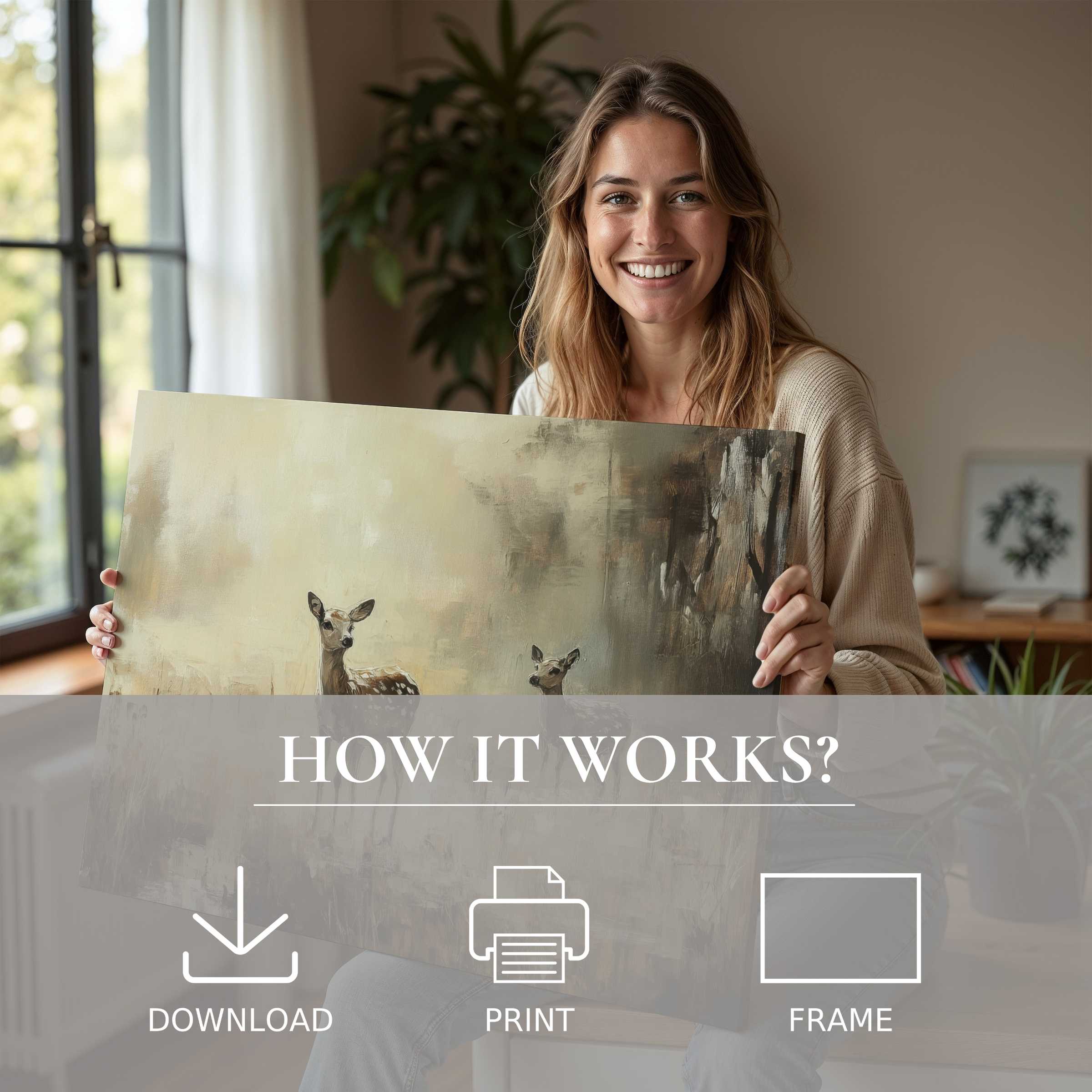 Radiant woman shares a vintage digital art print of serene deer, embodying joy and effortless elegance in modern living