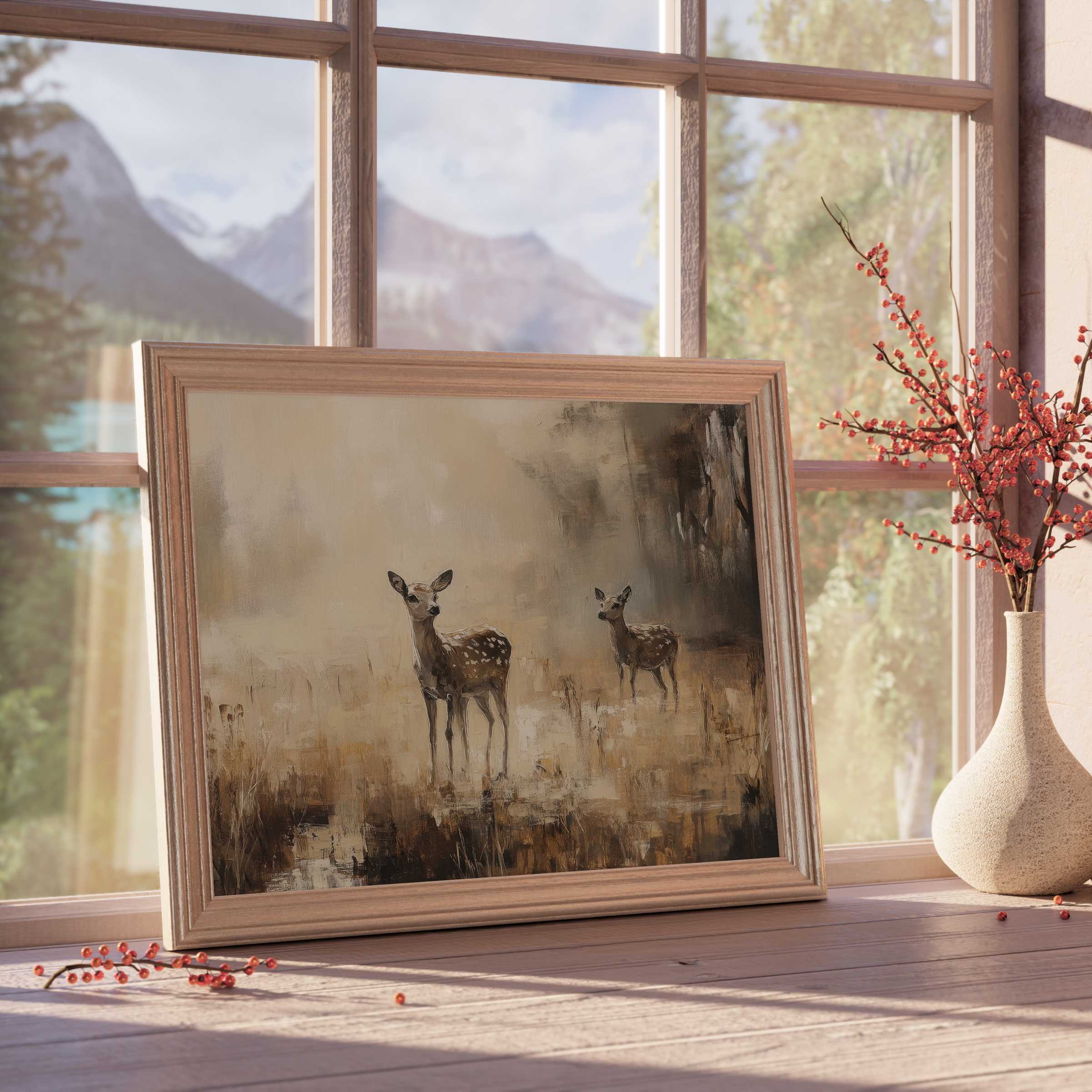 Vintage downloadable art featuring gentle deer in warm earth tones, elevating sophisticated, tranquil interiors with rustic charm and serene elegance
