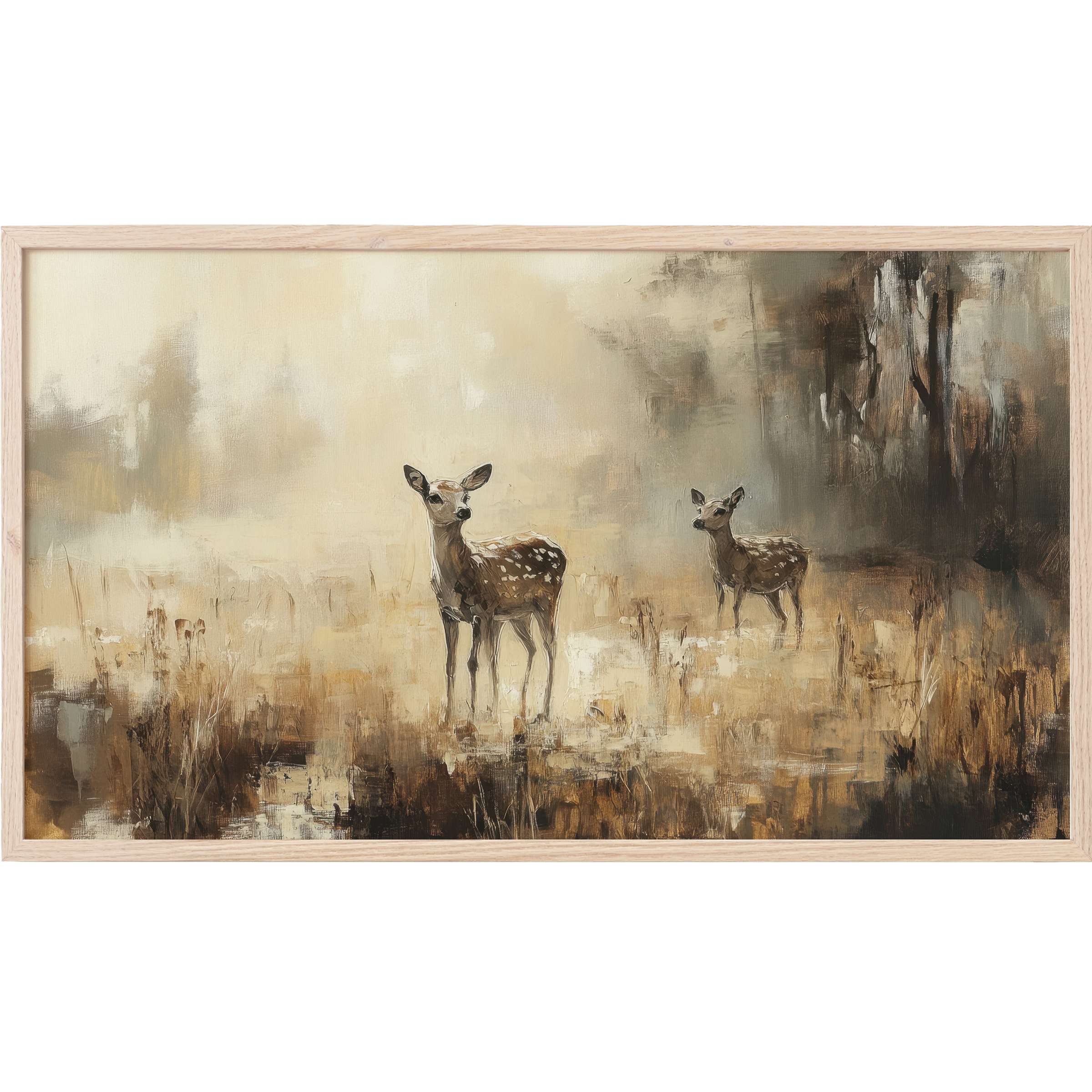 Elegant vintage Frame TV Art featuring two deer in a misty, muted palette of browns and creams
