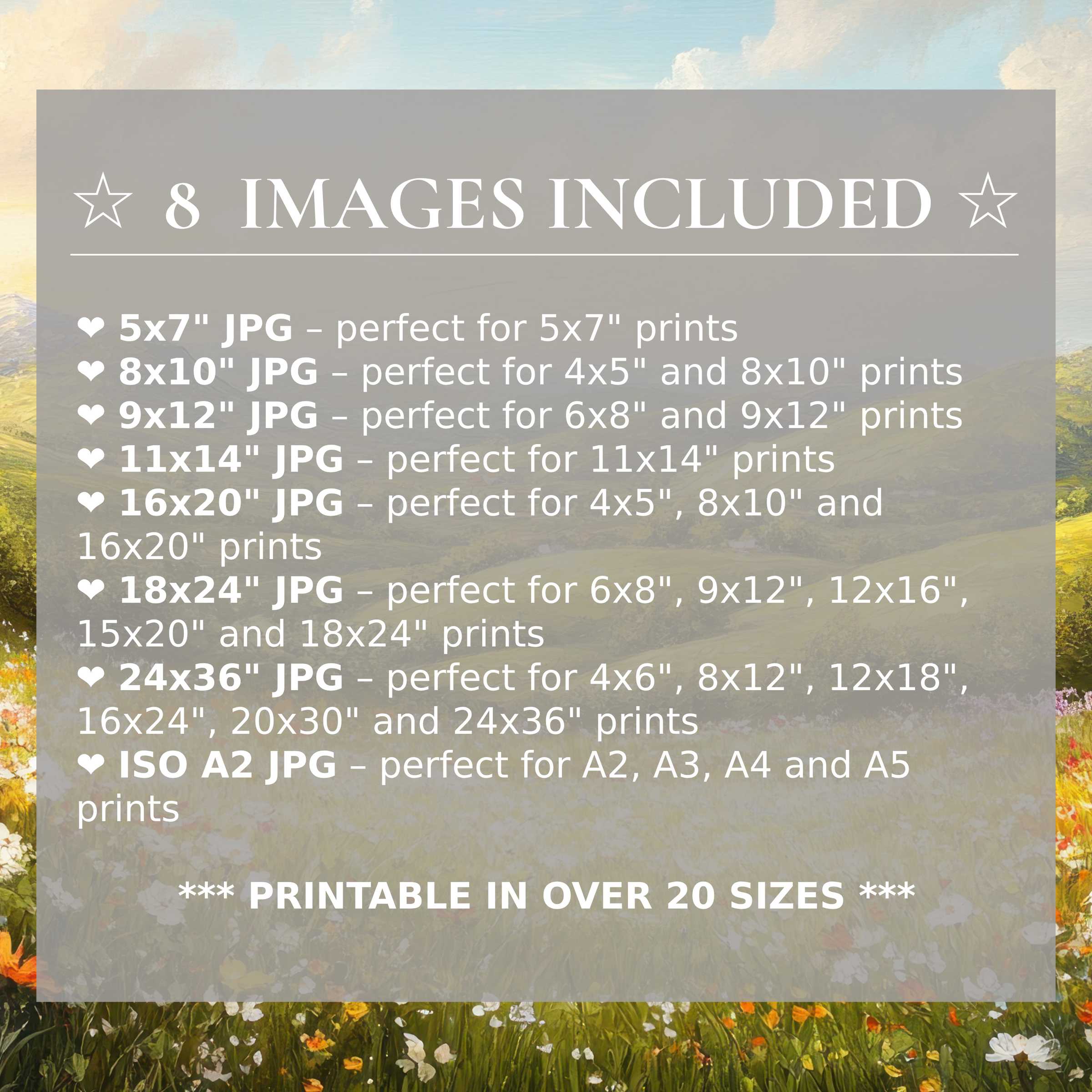 Radiant landscape digital print in soft blues and golden hues, elevating modern interiors with calming beauty; includes 8 high-res sizes