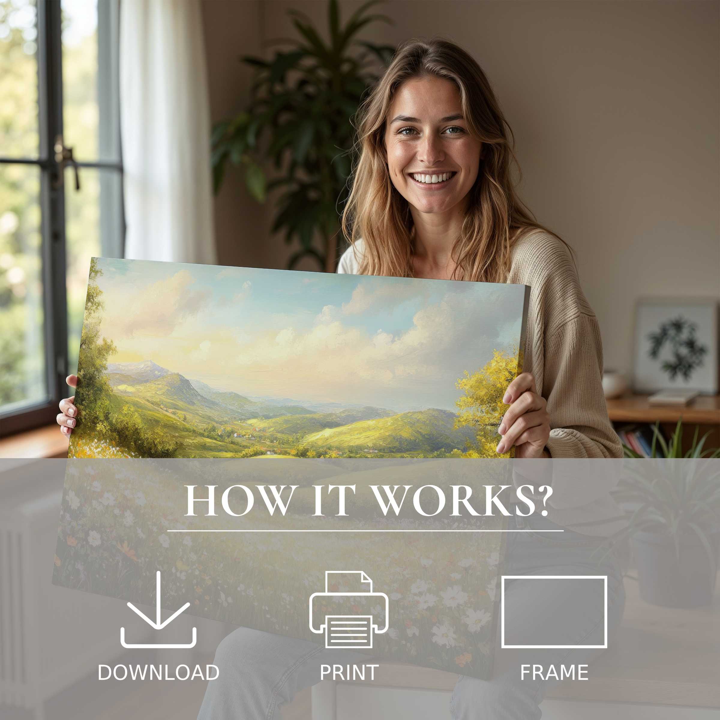 Woman radiates joy in a modern home, embracing a landscape digital art print that transforms space with serene beauty