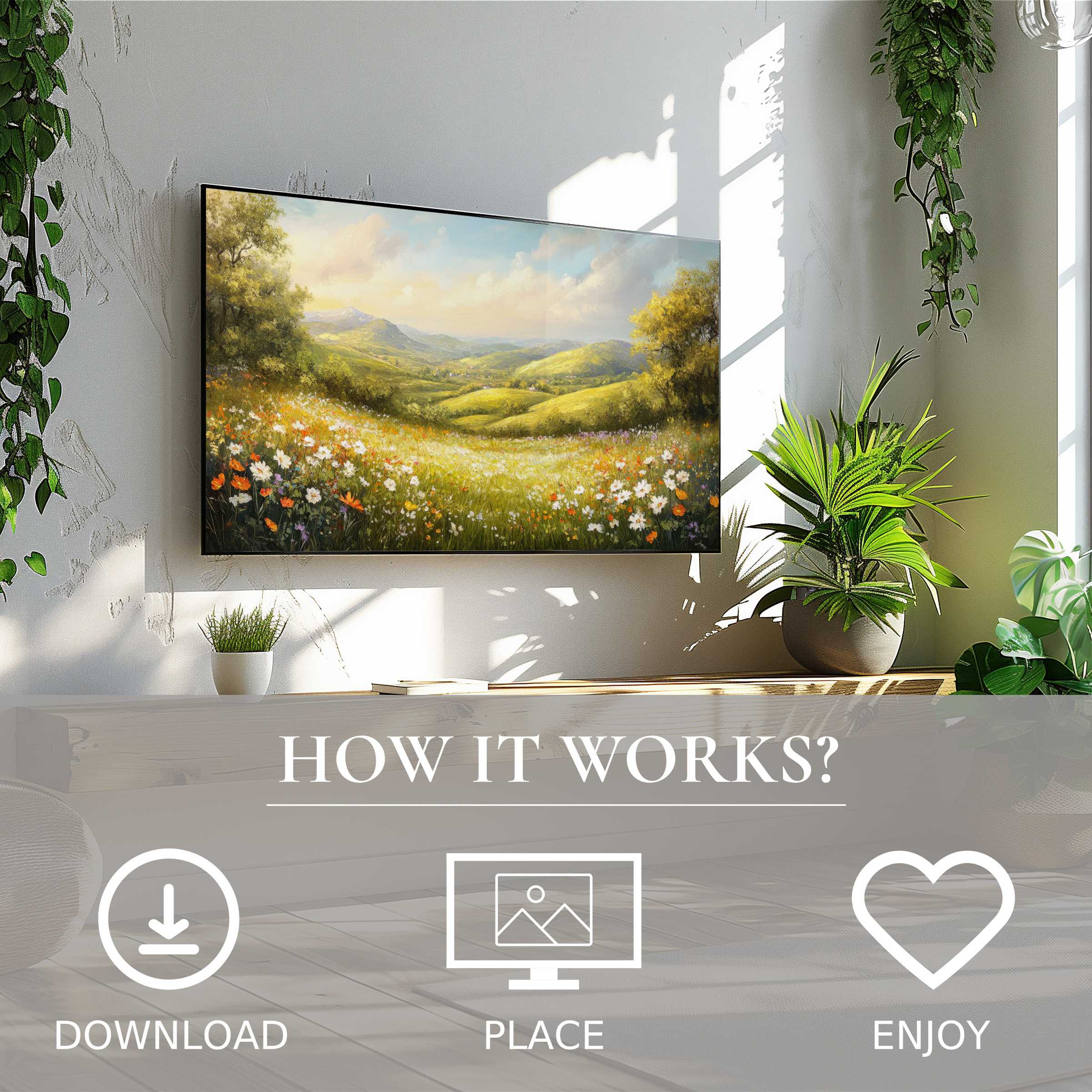 Modern living room with landscape art for Samsung TV, featuring soft sunset tones; easy digital download enriches space