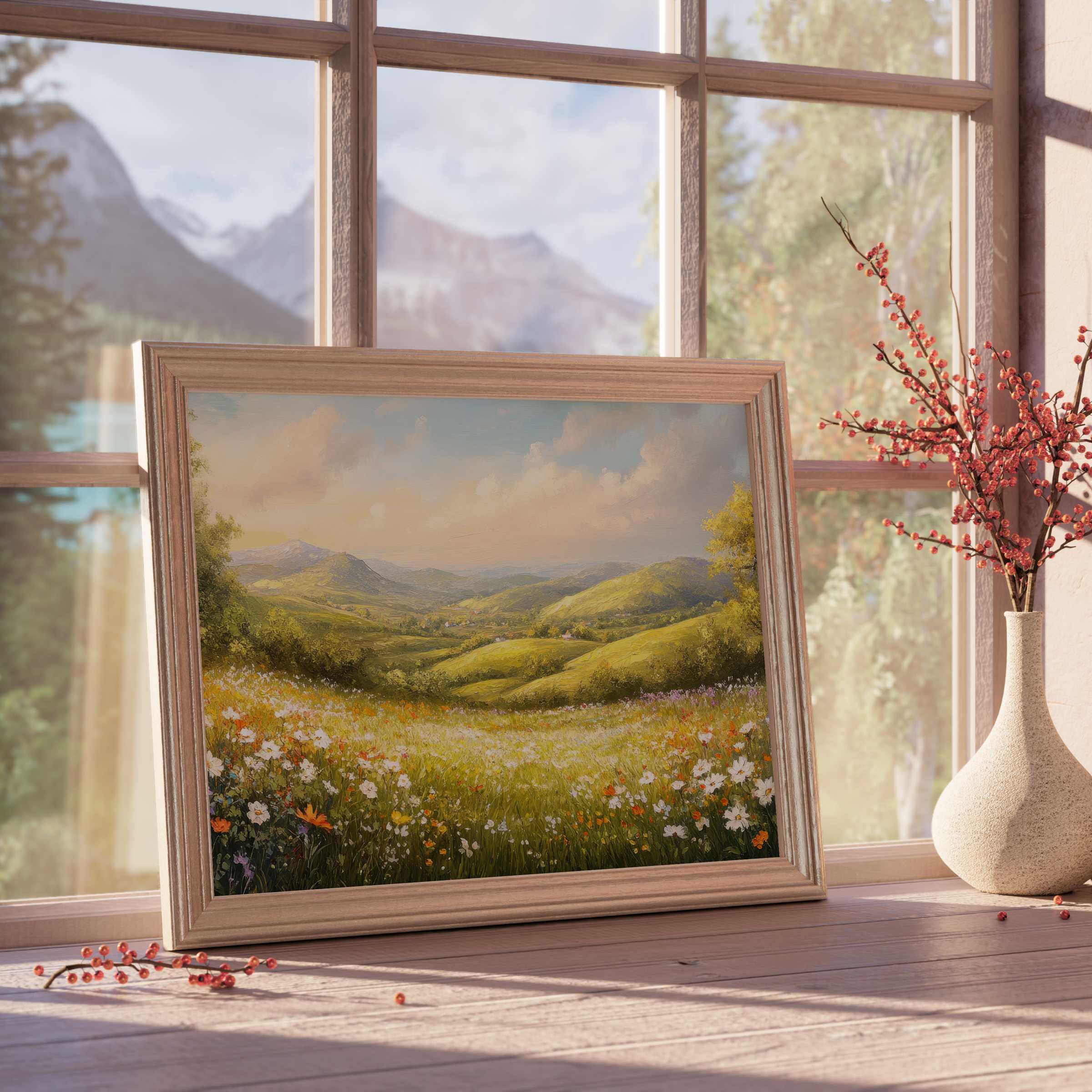 Landscape downloadable art of sunlit rolling hills and wildflowers, perfect for curated, tranquil, design-forward interiors