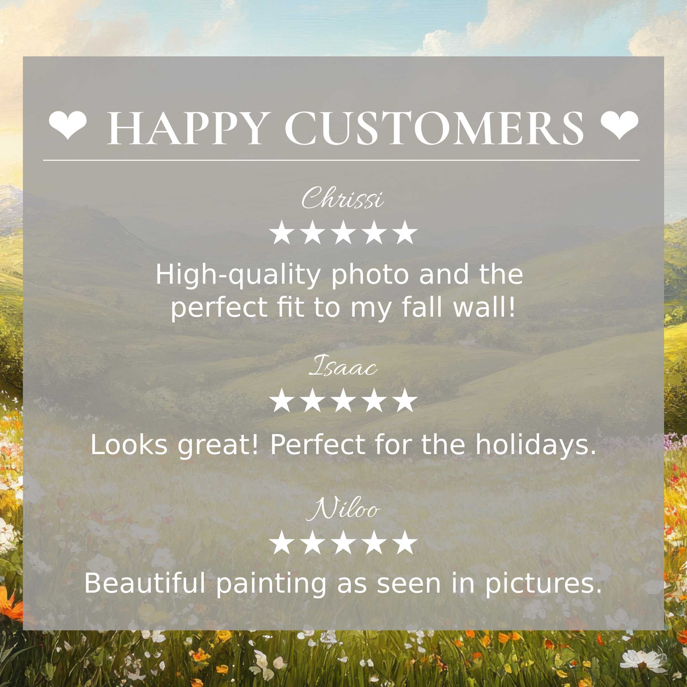 Elegant landscape art for Frame TV with abstract sunset hues, featuring happy customer reviews that inspire trust and quality