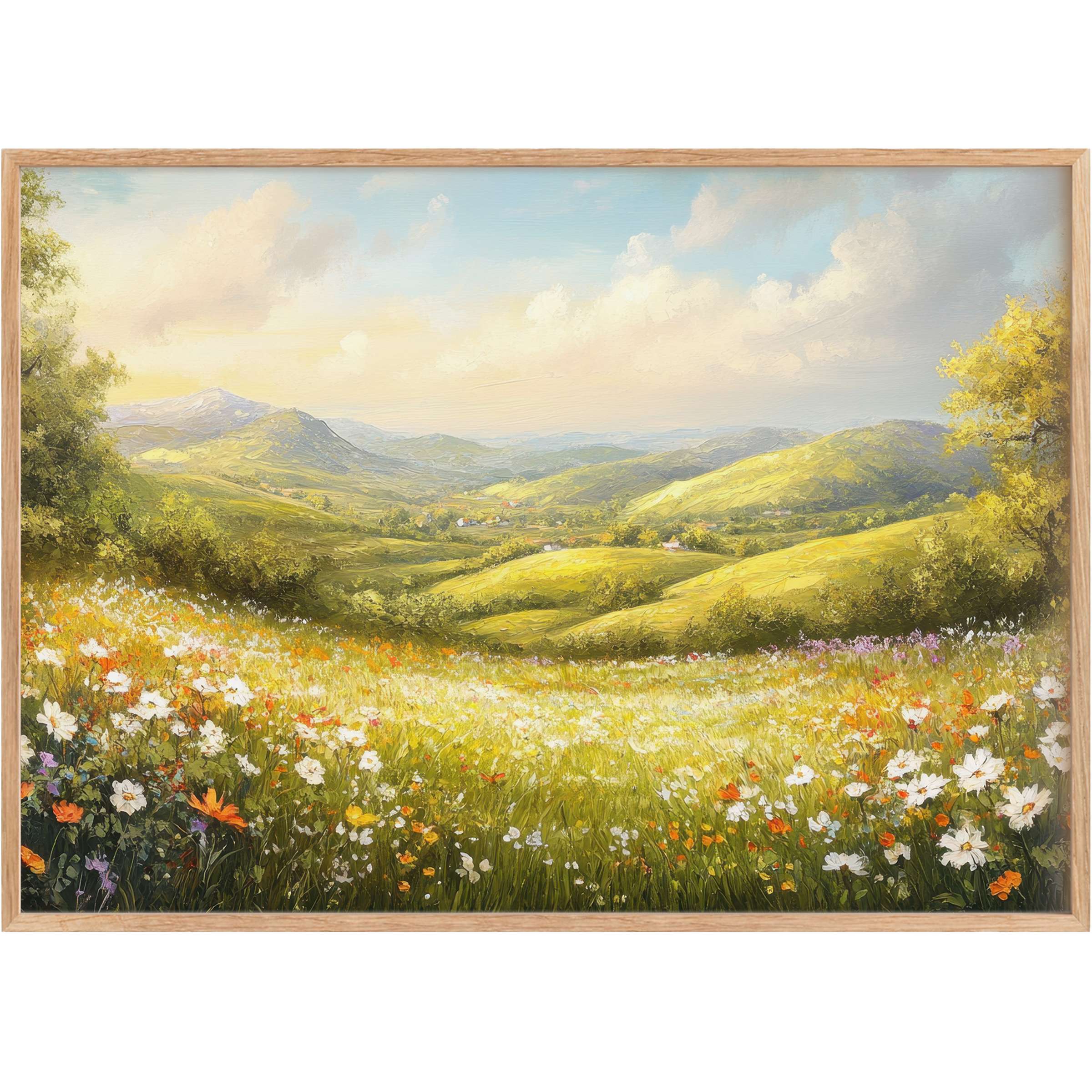 Sunlit meadow blooms in lush greens and soft yellows create a radiant, serene mood in this landscape printable wall art