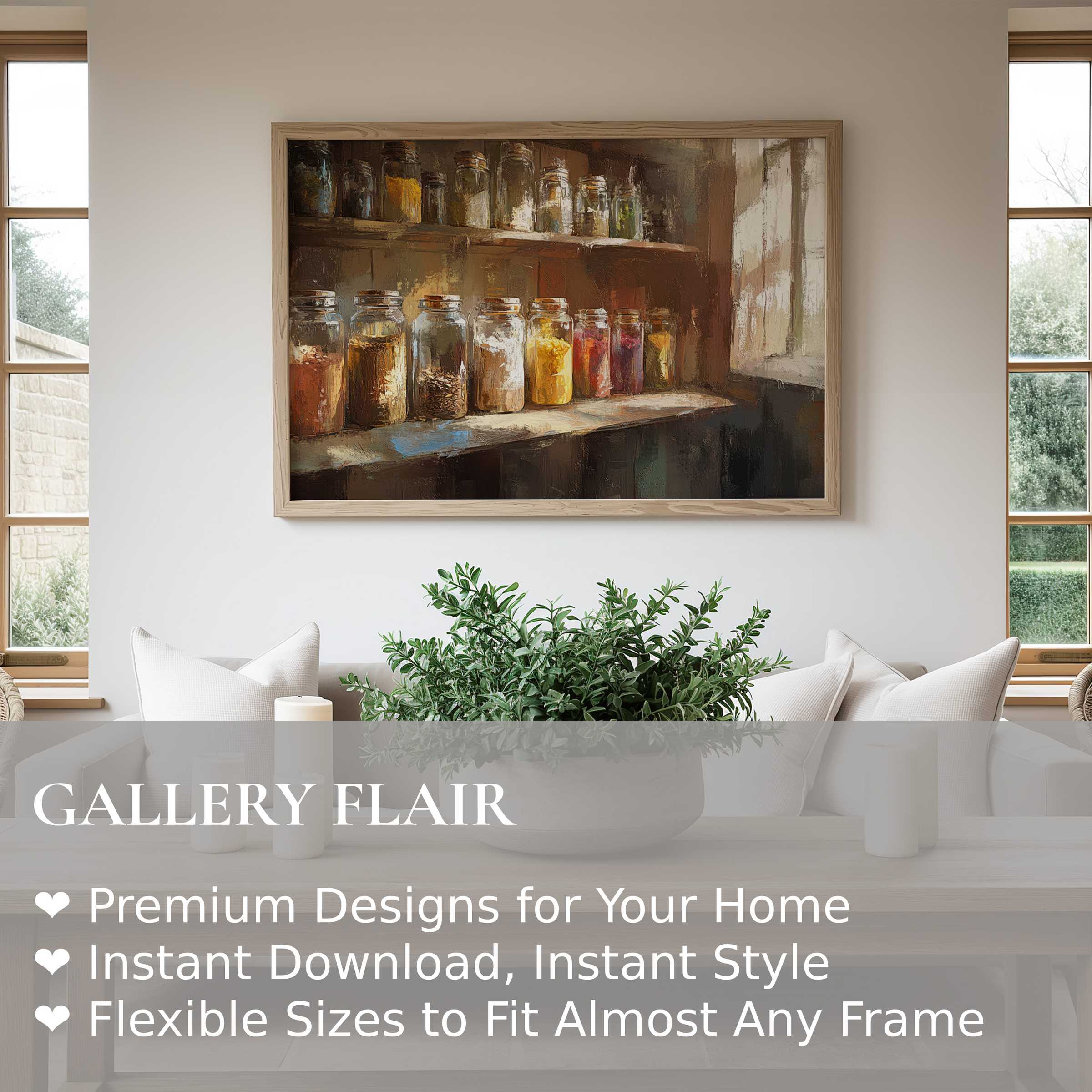 Farmhouse wall art print featuring rustic glass jars on wooden shelves, radiating warm, cozy charm in a modern farmhouse living room