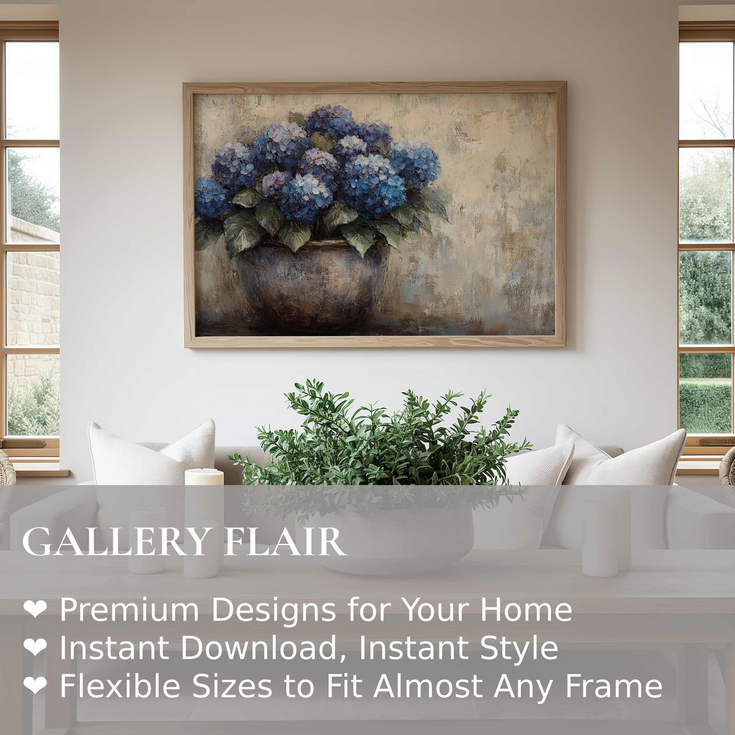 Floral wall art print featuring radiant blue hydrangeas in a rustic vase, enriching serene, modern farmhouse interiors with natural elegance and calming charm