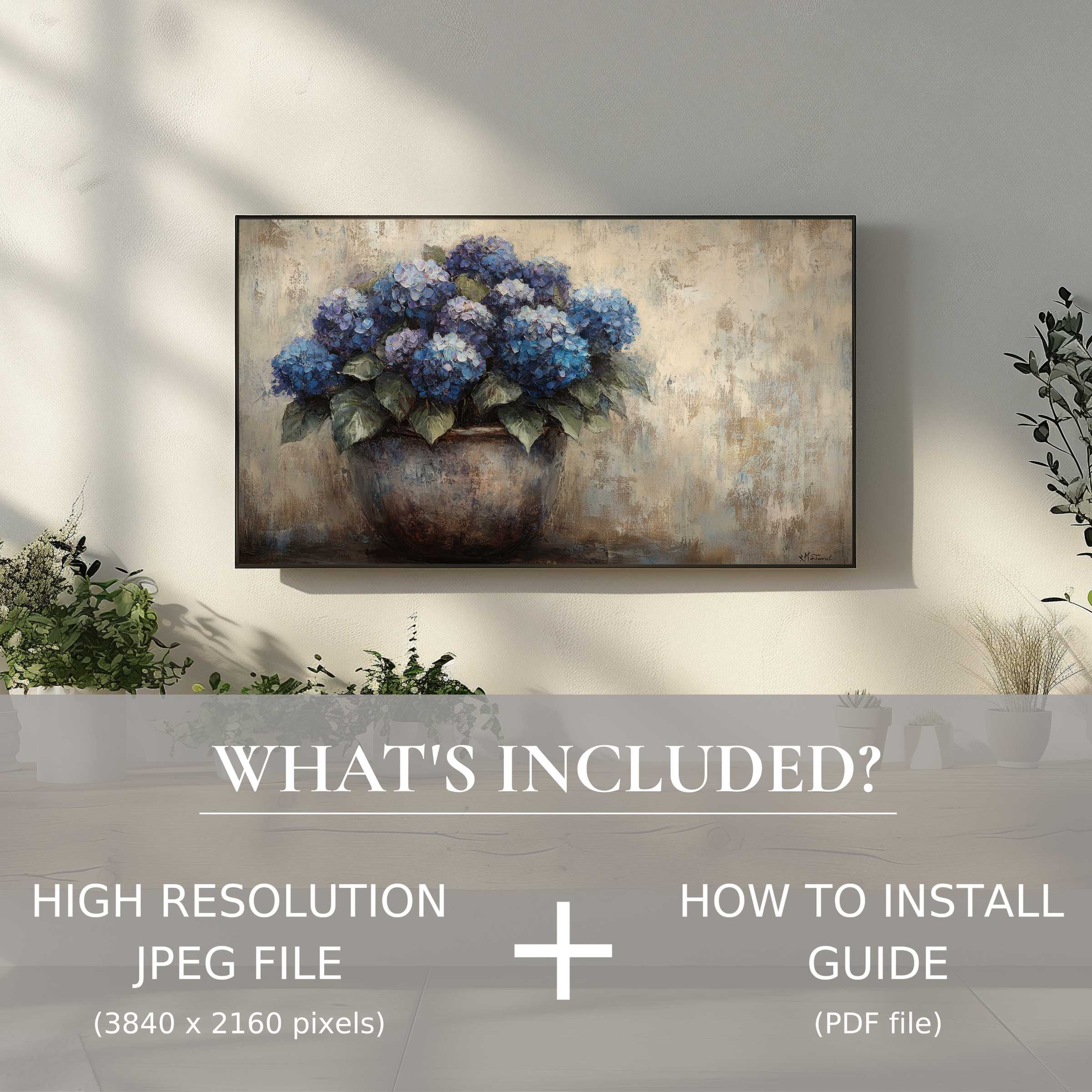 Elegant floral digital TV art download showcasing vibrant hydrangeas, easily enhancing modern living spaces with simple digital use