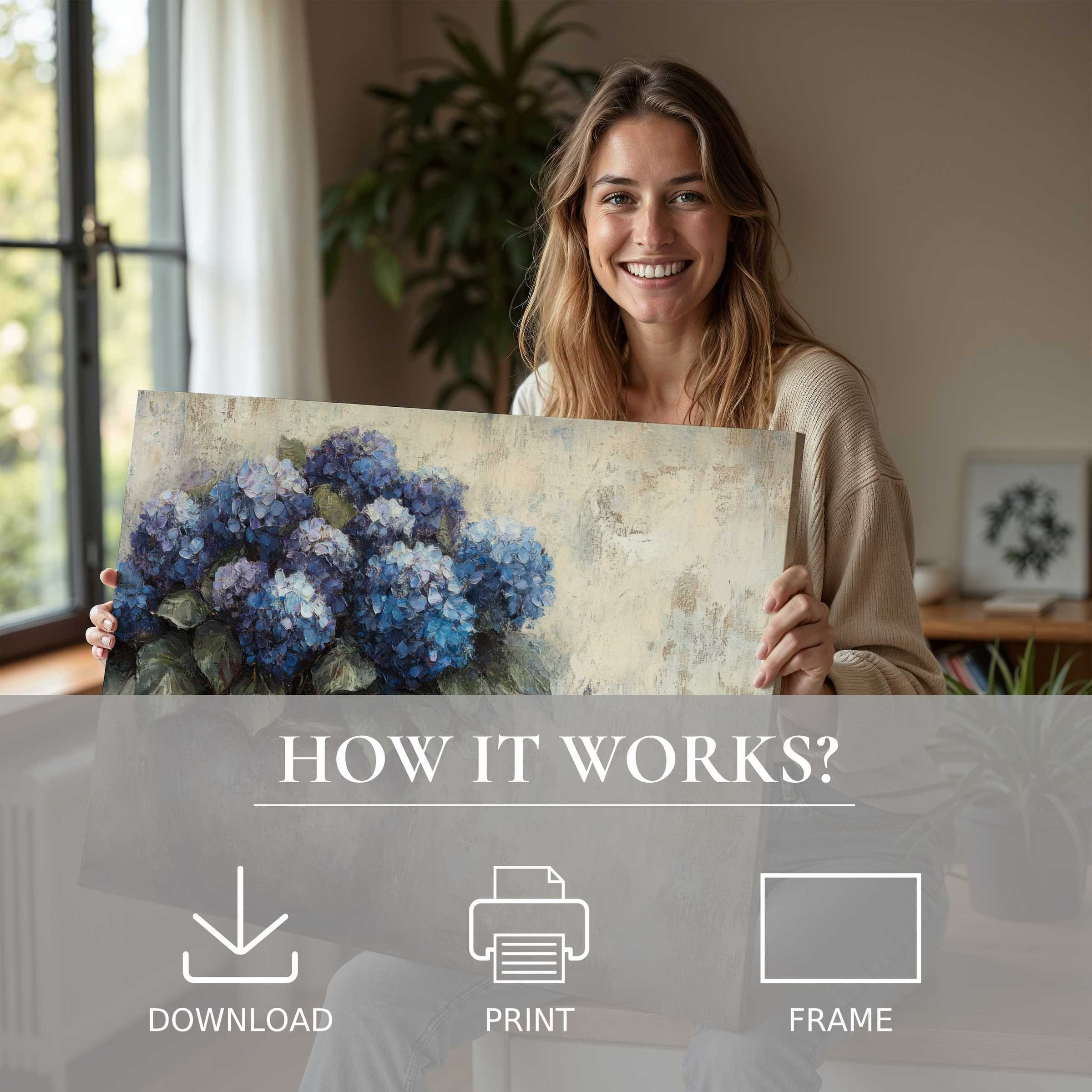 A joyful moment in a sunlit, stylish home where floral digital art print inspires calm and effortless beauty
