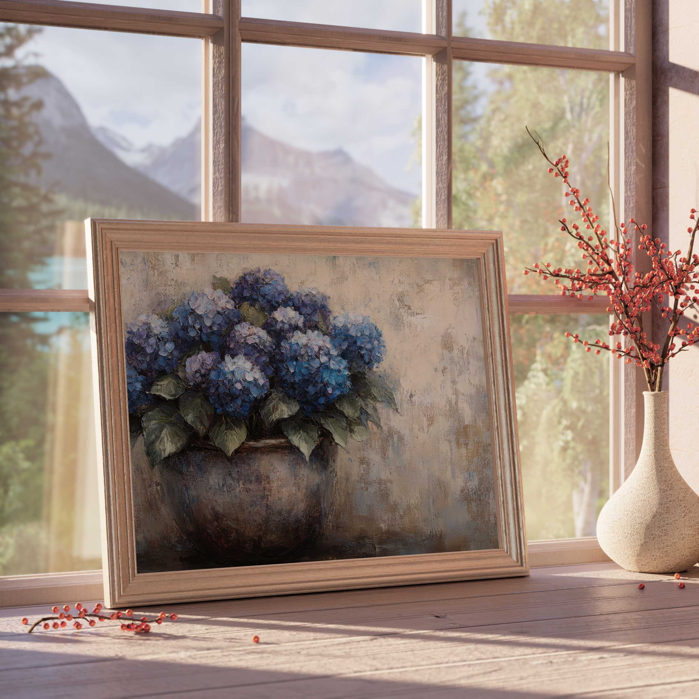 Elegant floral downloadable art featuring lush blue hydrangeas in a rustic vase, enriching serene, curated interiors with timeless charm