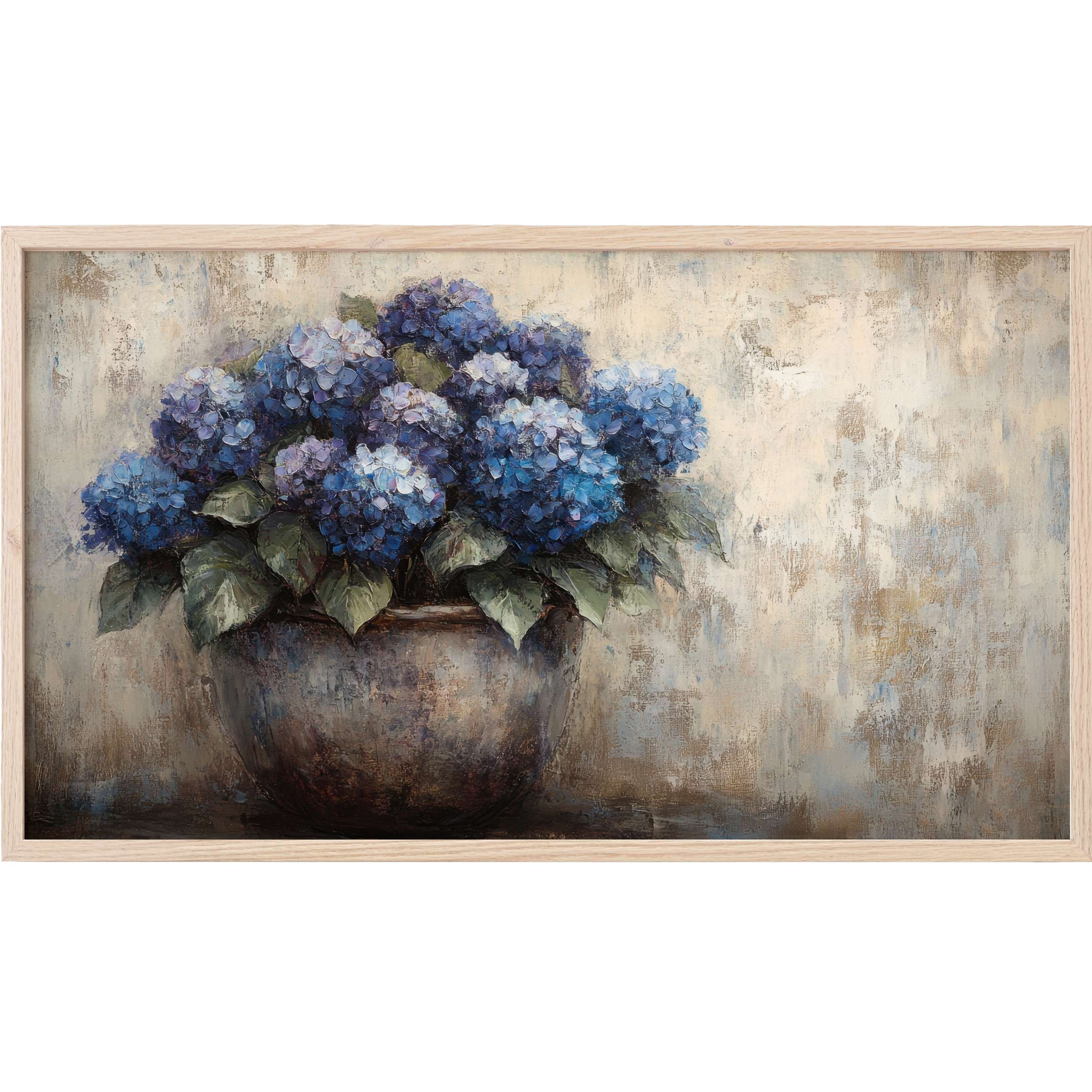 Floral Frame TV Art with textured blue hydrangeas in muted rustic pot, elegant neutral background, timeless style