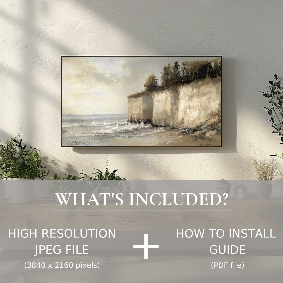 Elegant coastal digital TV art download in a serene living space, easy digital use enhances modern décor